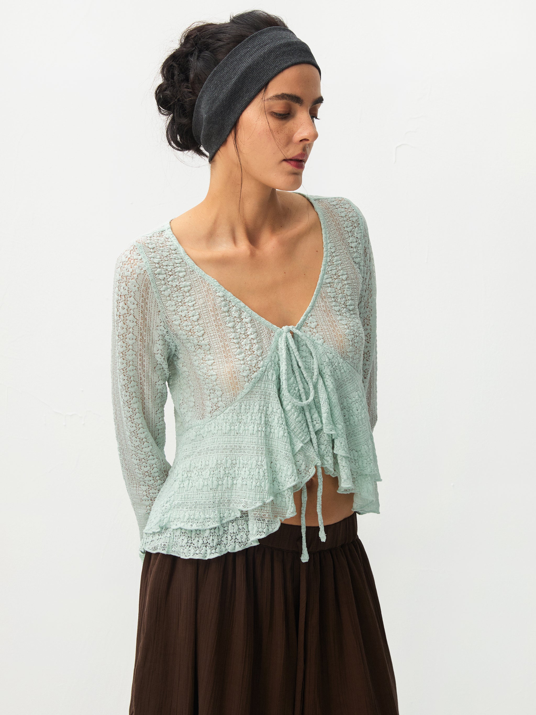 CUBIC Sheer Knit Tie-Front Peplum Top-11