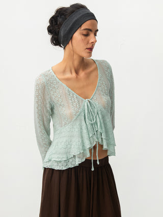 CUBIC Sheer Knit Tie-Front Peplum Top