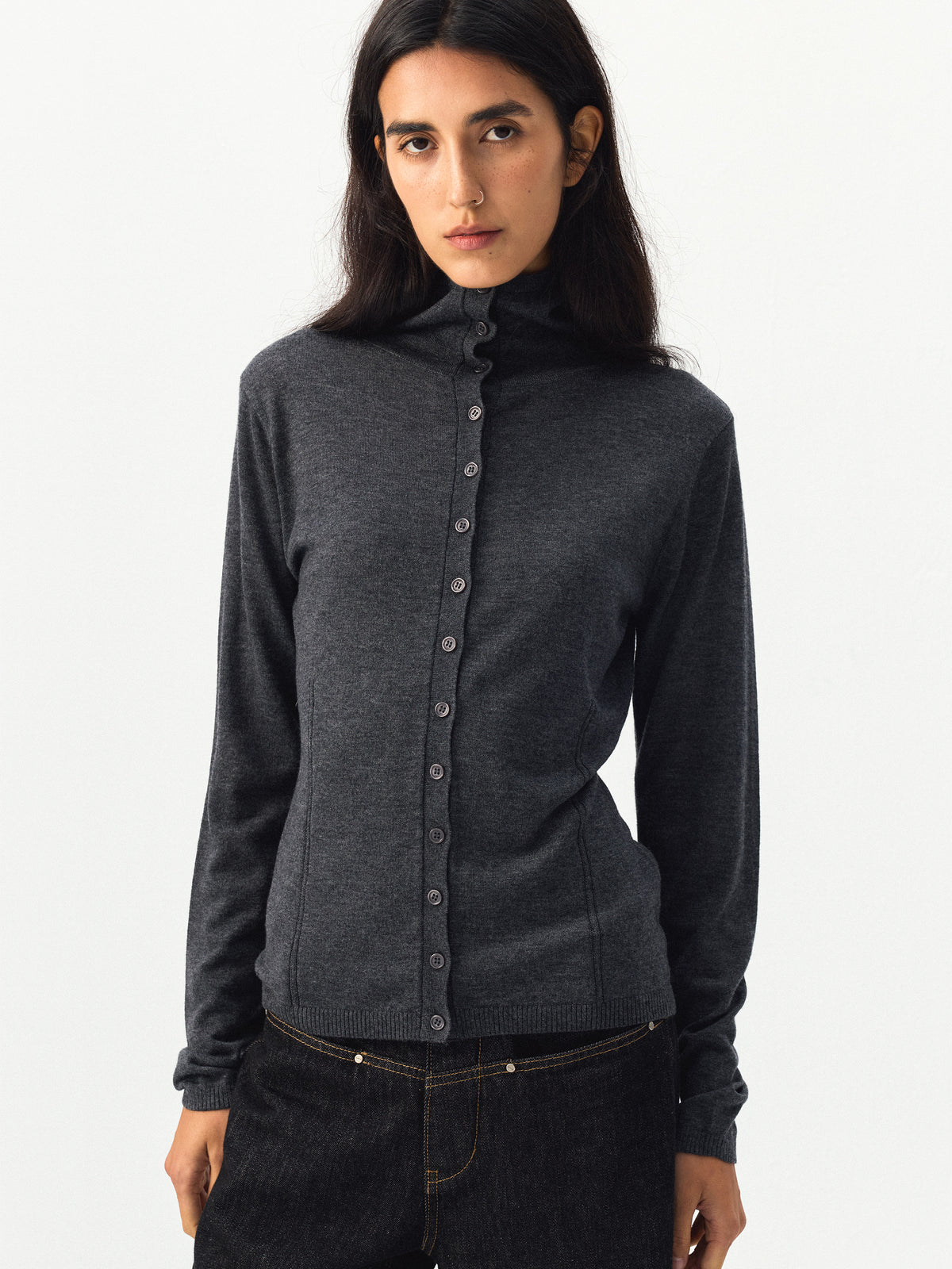 CUBIC High Neck Button Knit Cardigan-11