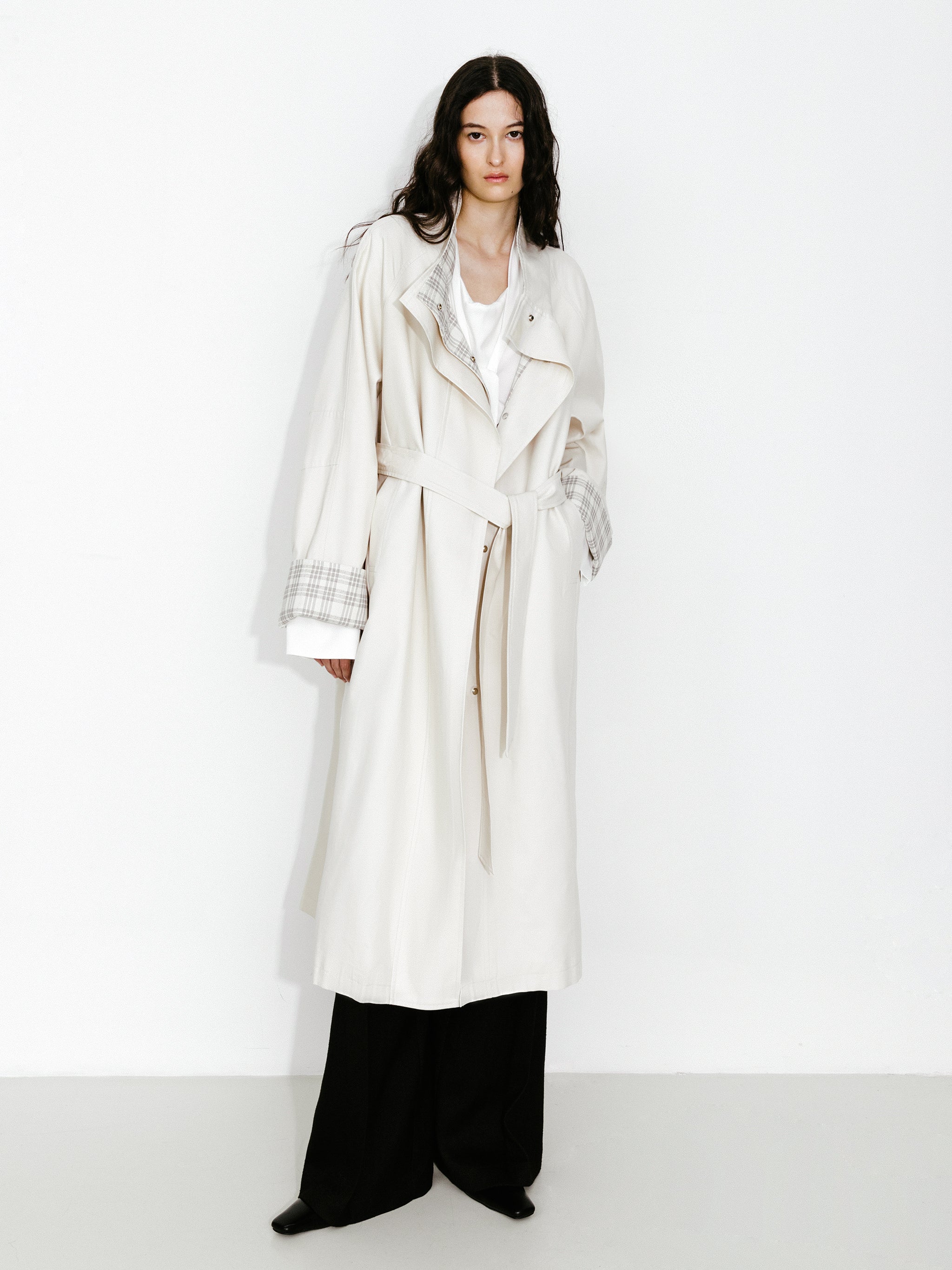 Funnel Neck Colorblock Cuff Trench Coat-12
