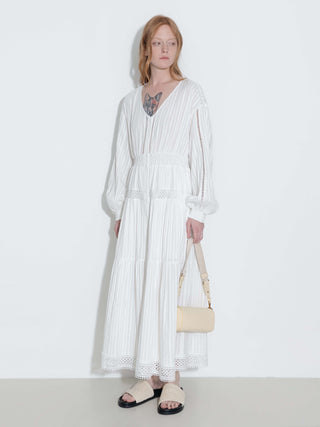 100% Cotton Lace Hollow V-Neck Waist-Cinched Maxi Dress