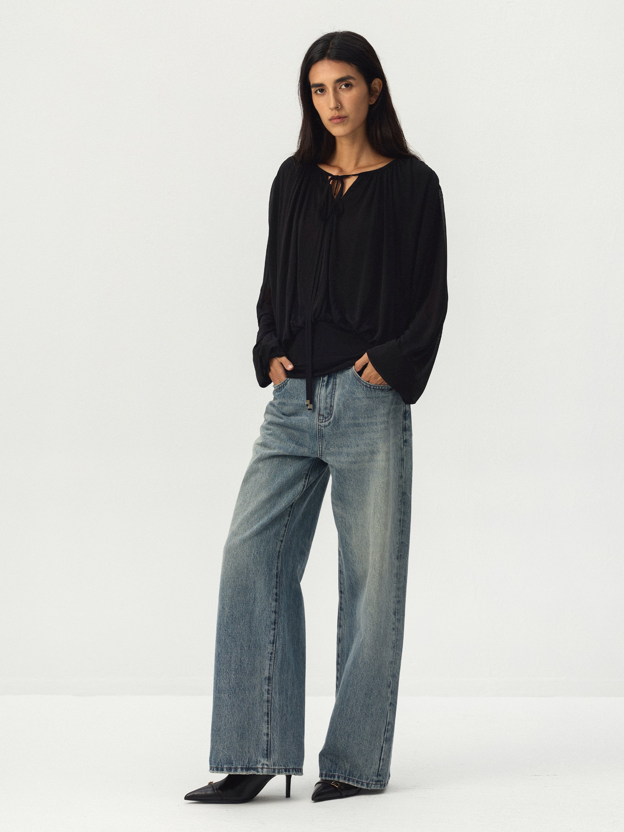 CUBIC Tie Neck Batwing Blouse-11