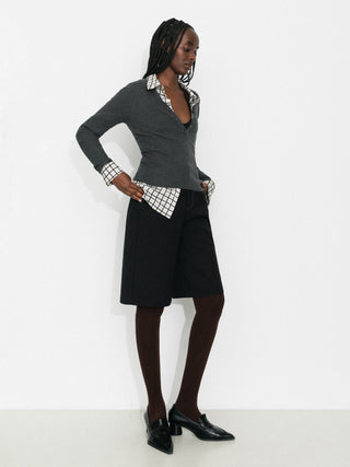 V-Neck Button-Front Fitted Knit Top