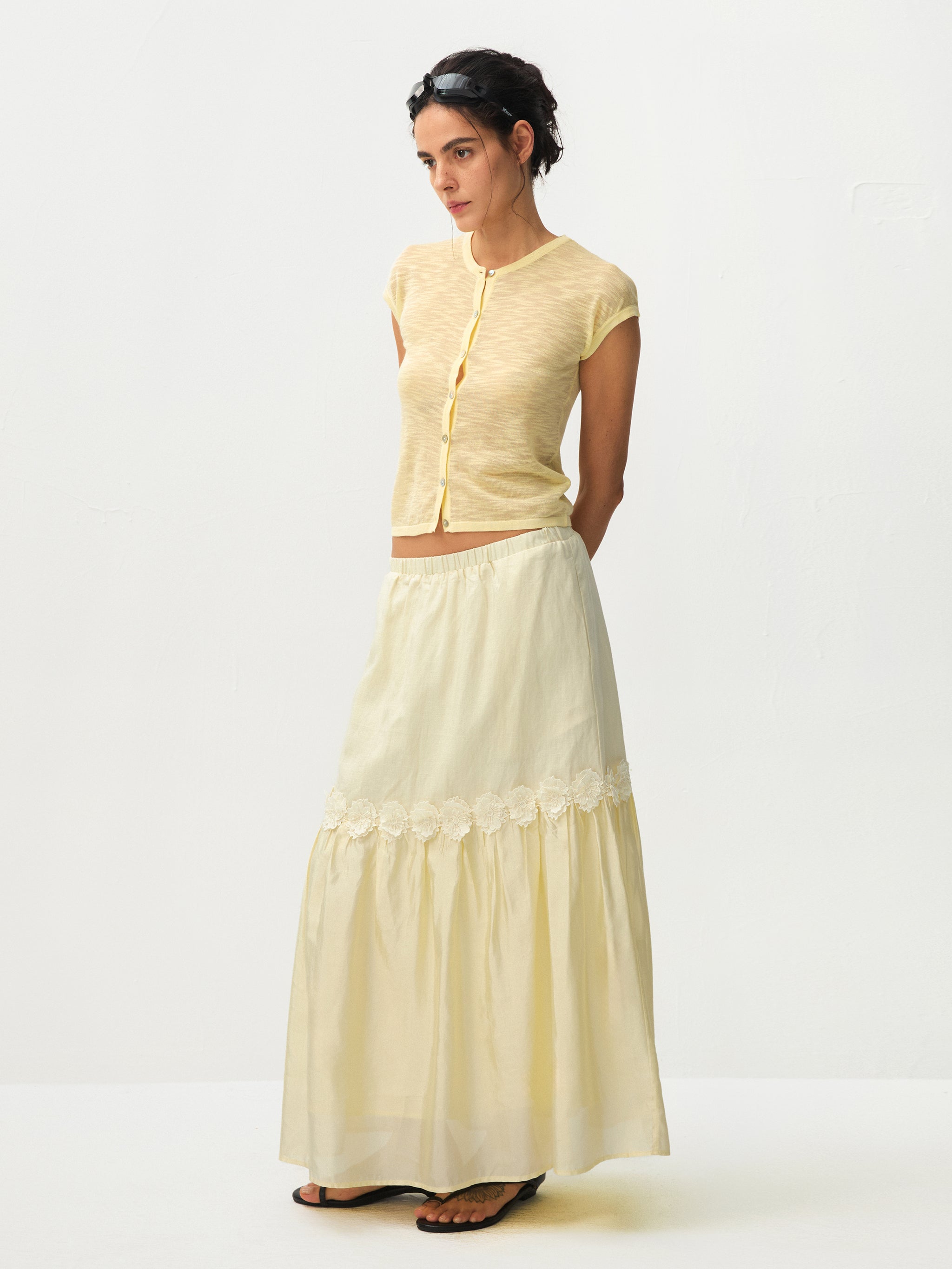 CUBIC Floral Appliqué Tiered Maxi Skirt-11