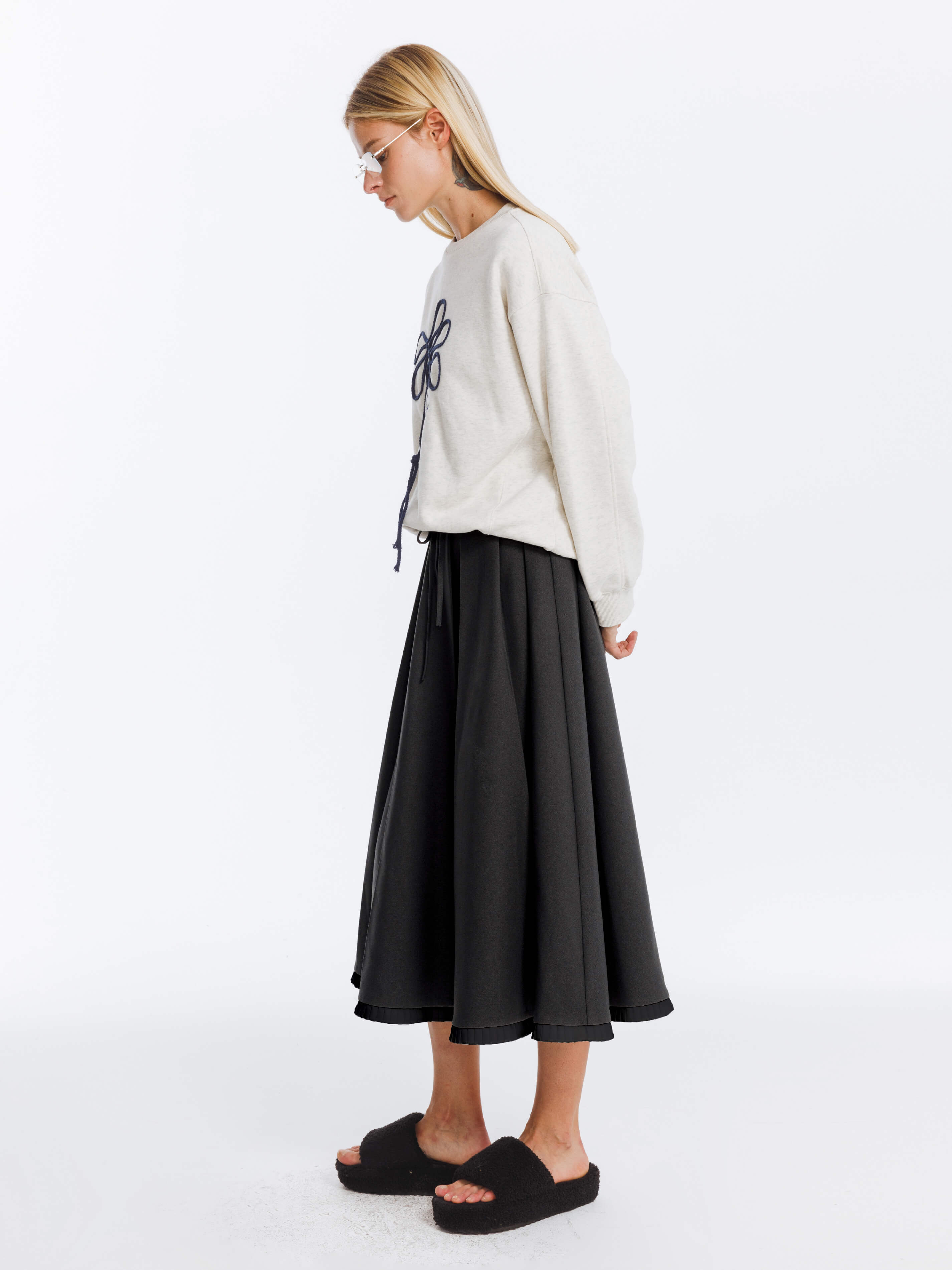A-line Pleated Skirt with Ruffles Hem-5