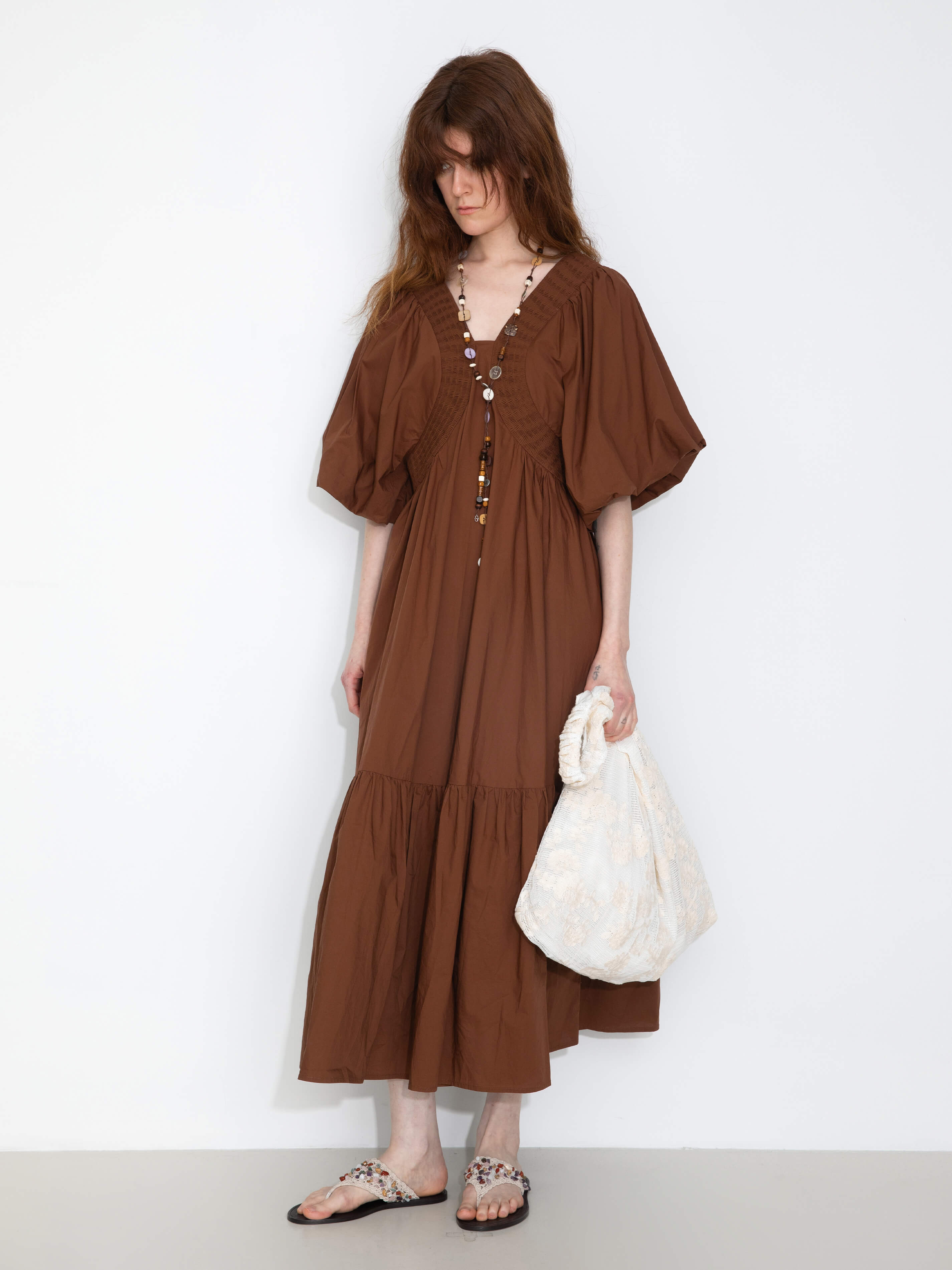 100% Cotton Puff Sleeve Loose-Fit Vacation Dress-12
