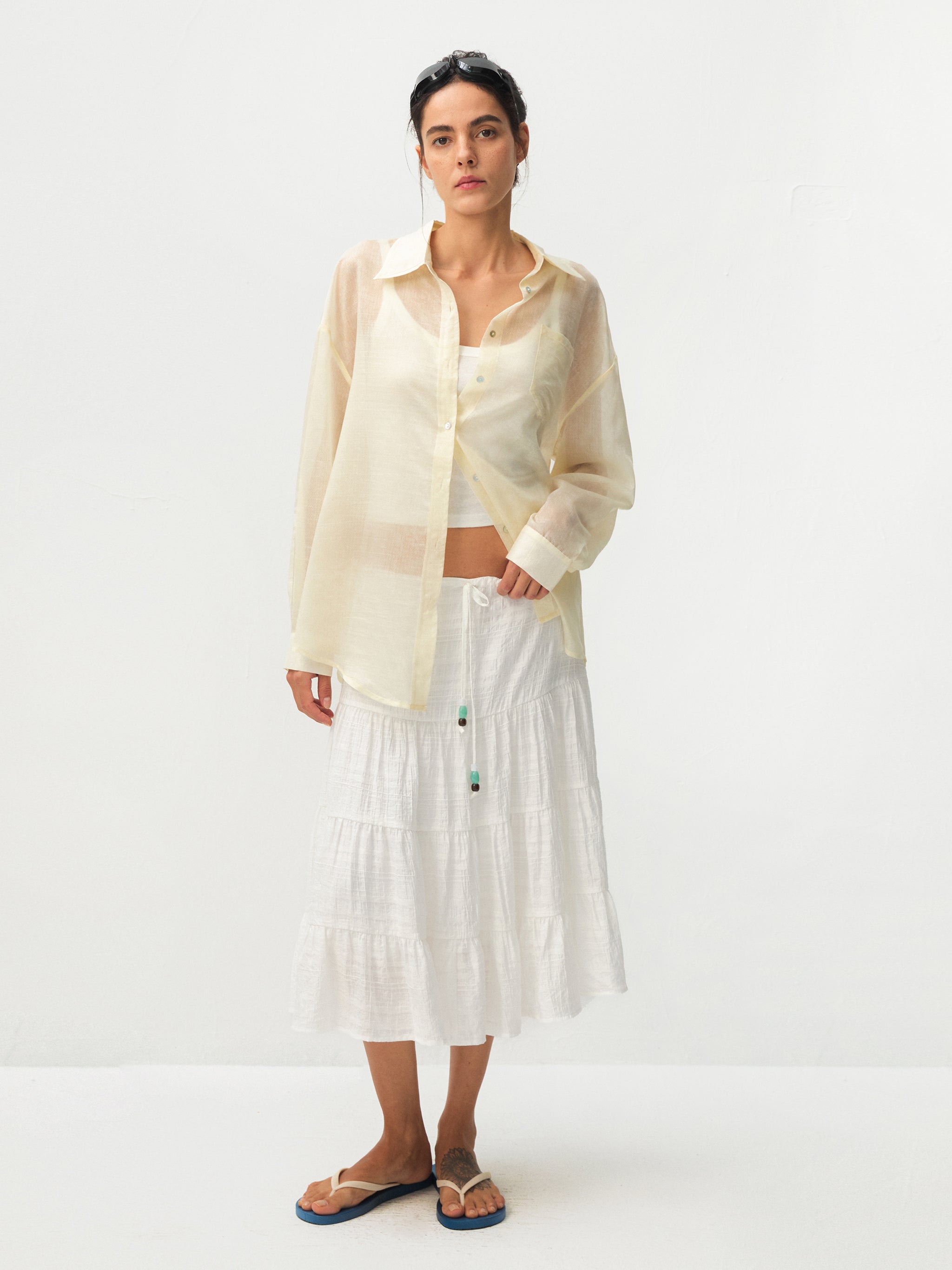 CUBIC Lyocell Oversized Sheer Button-Down Shirt-11