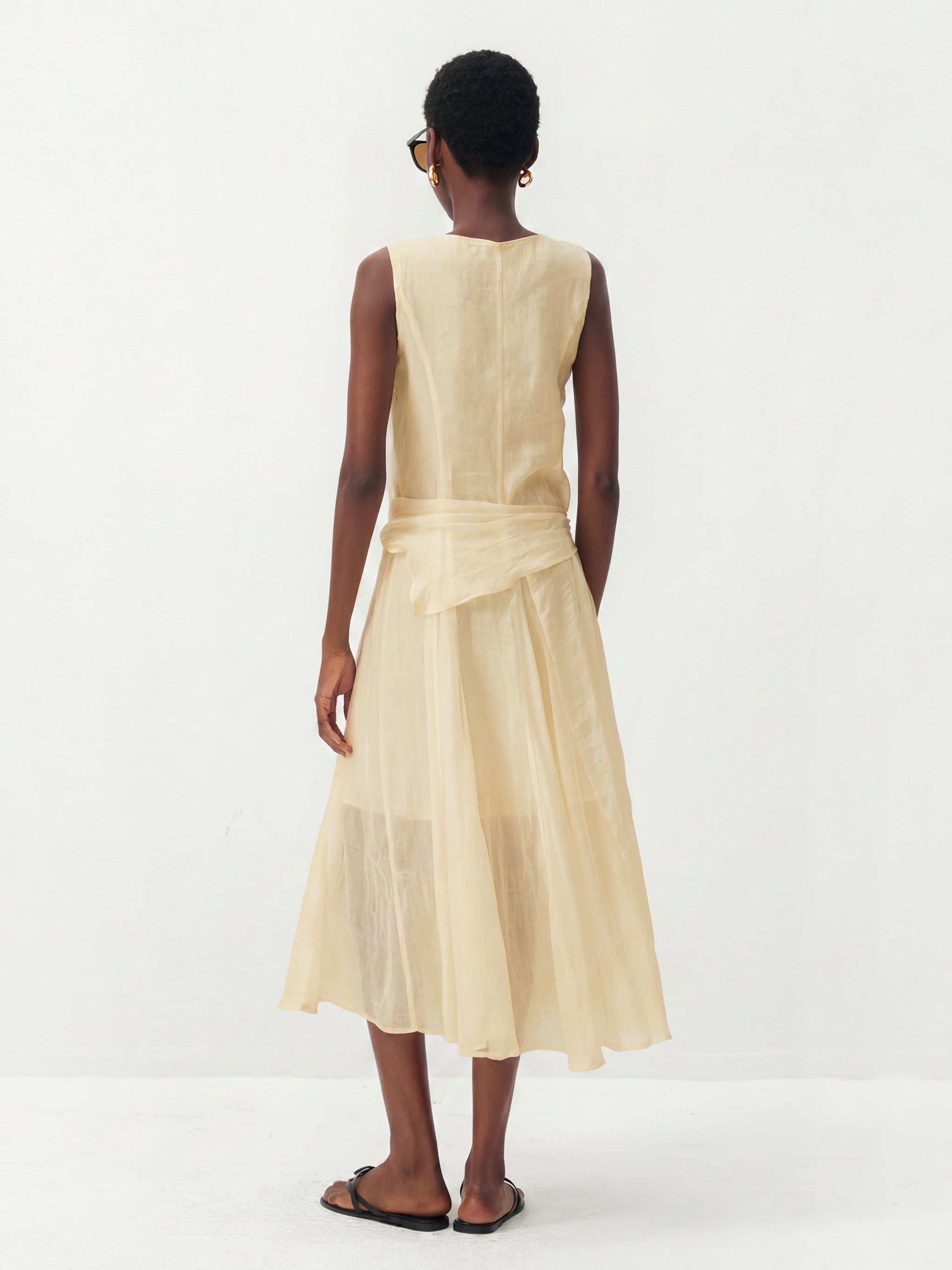 CUBIC Ramie & Chiffon Two-Piece Belted Midi Dress-11