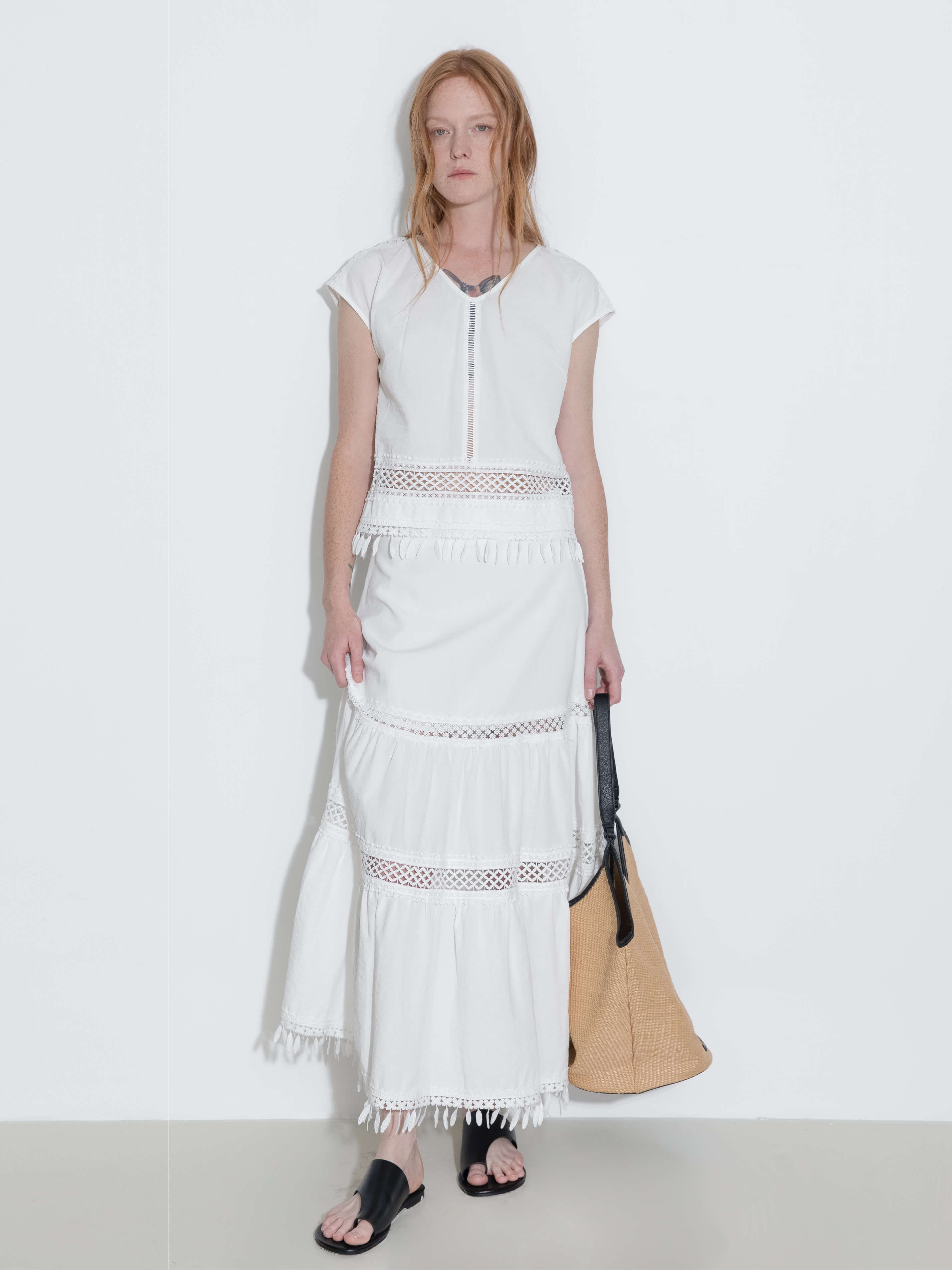 High-Waisted Hollow Out Tassel Trim Maxi Skirt-12