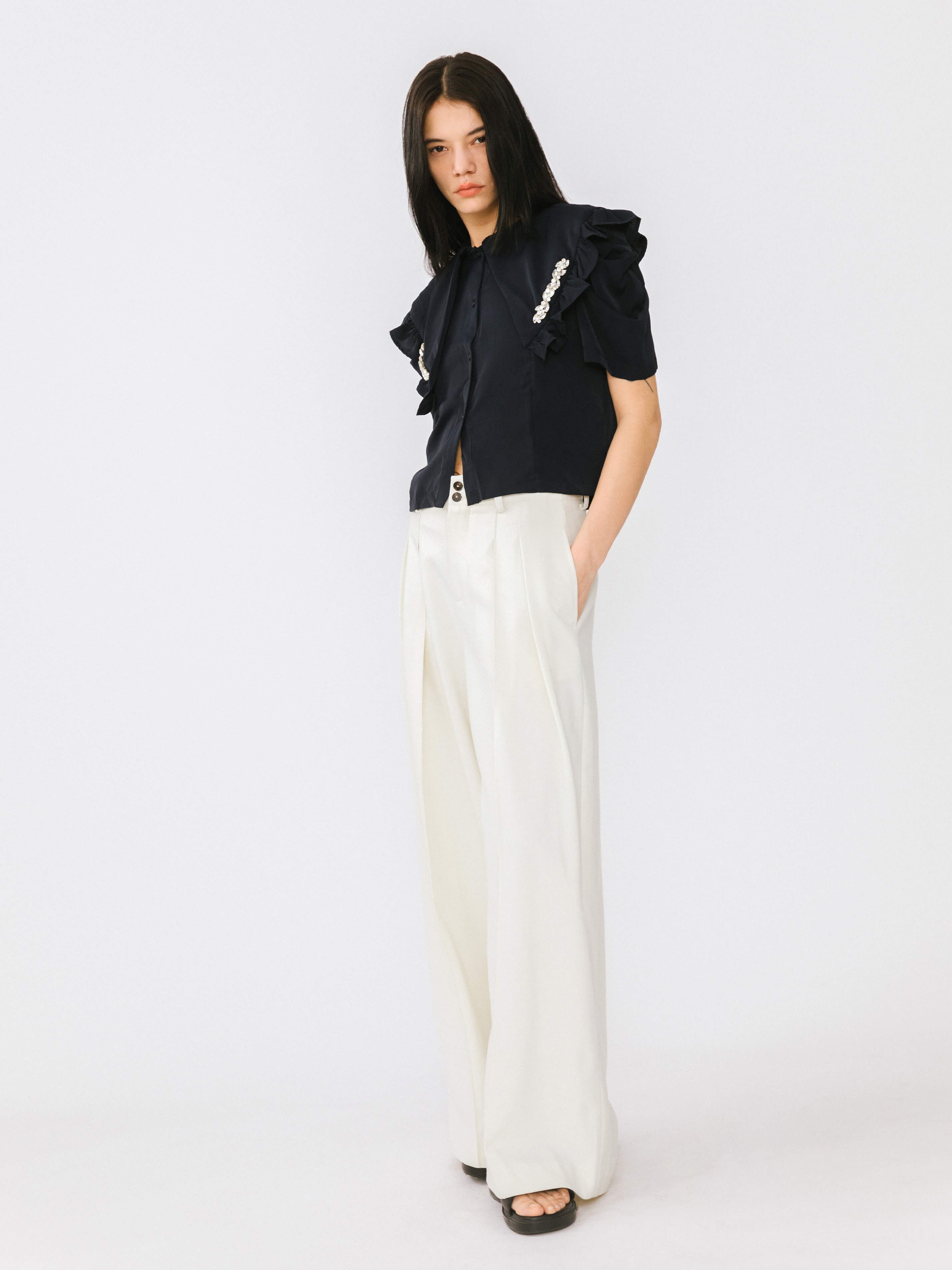 Large Lapel Strass Puff Sleeves T-shirt-11