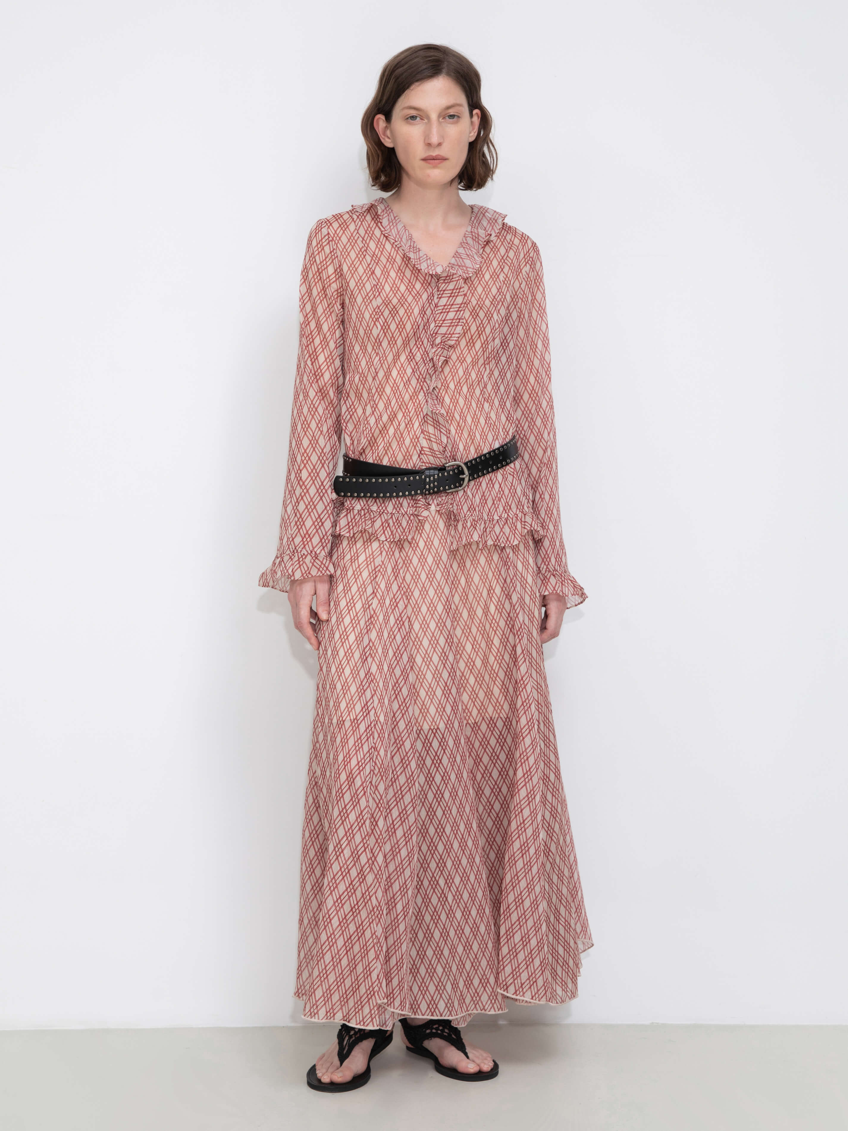 Asymmetrical Flowy Check Maxi Skirt-Red-5