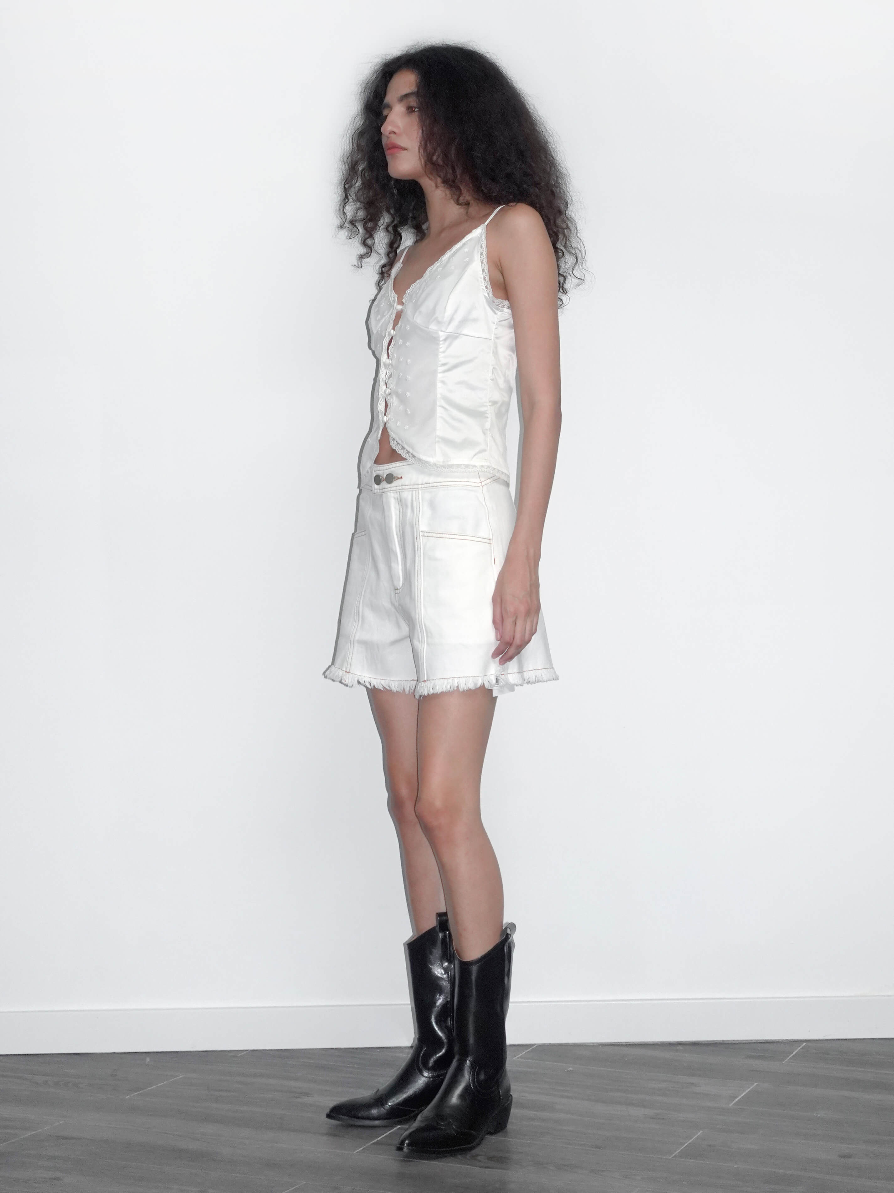 High Rise Denim Shorts with Raw Edge-12