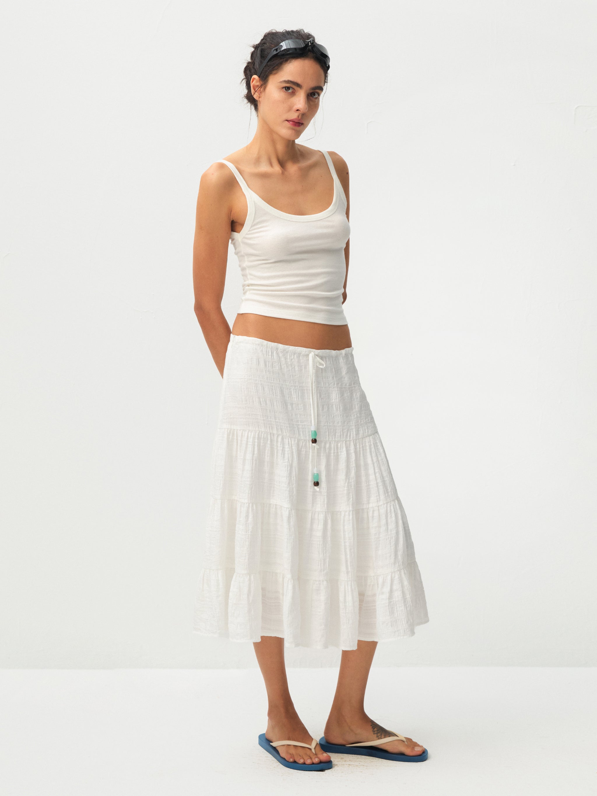 CUBIC Lyocell Linen Blend Tiered Striped Midi Skirt-11