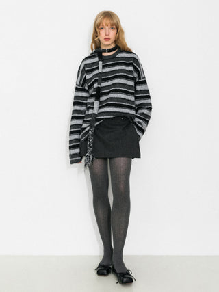 Retro Striped Pullover Sweater with Scarf