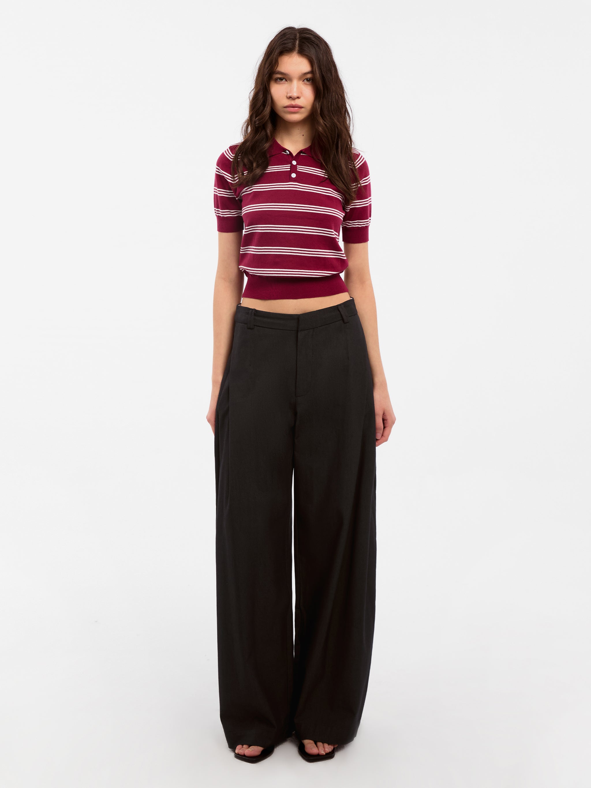 CUBIC-Striped Cropped Polo Collar Cotton T-Shirt-11