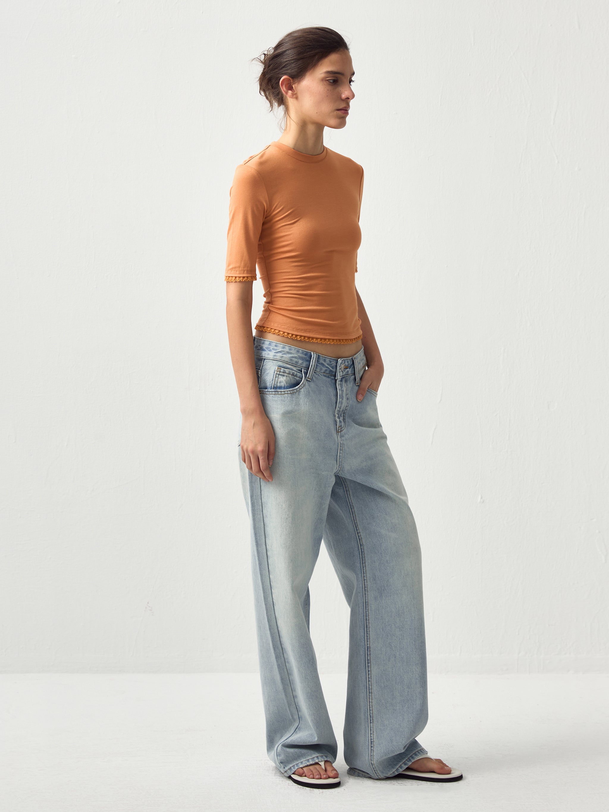 CUBIC Lace Trim Fitted Mid-Sleeve Top-11