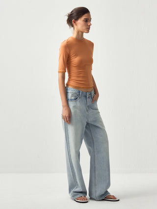 CUBIC Lace Trim Fitted Mid-Sleeve Top