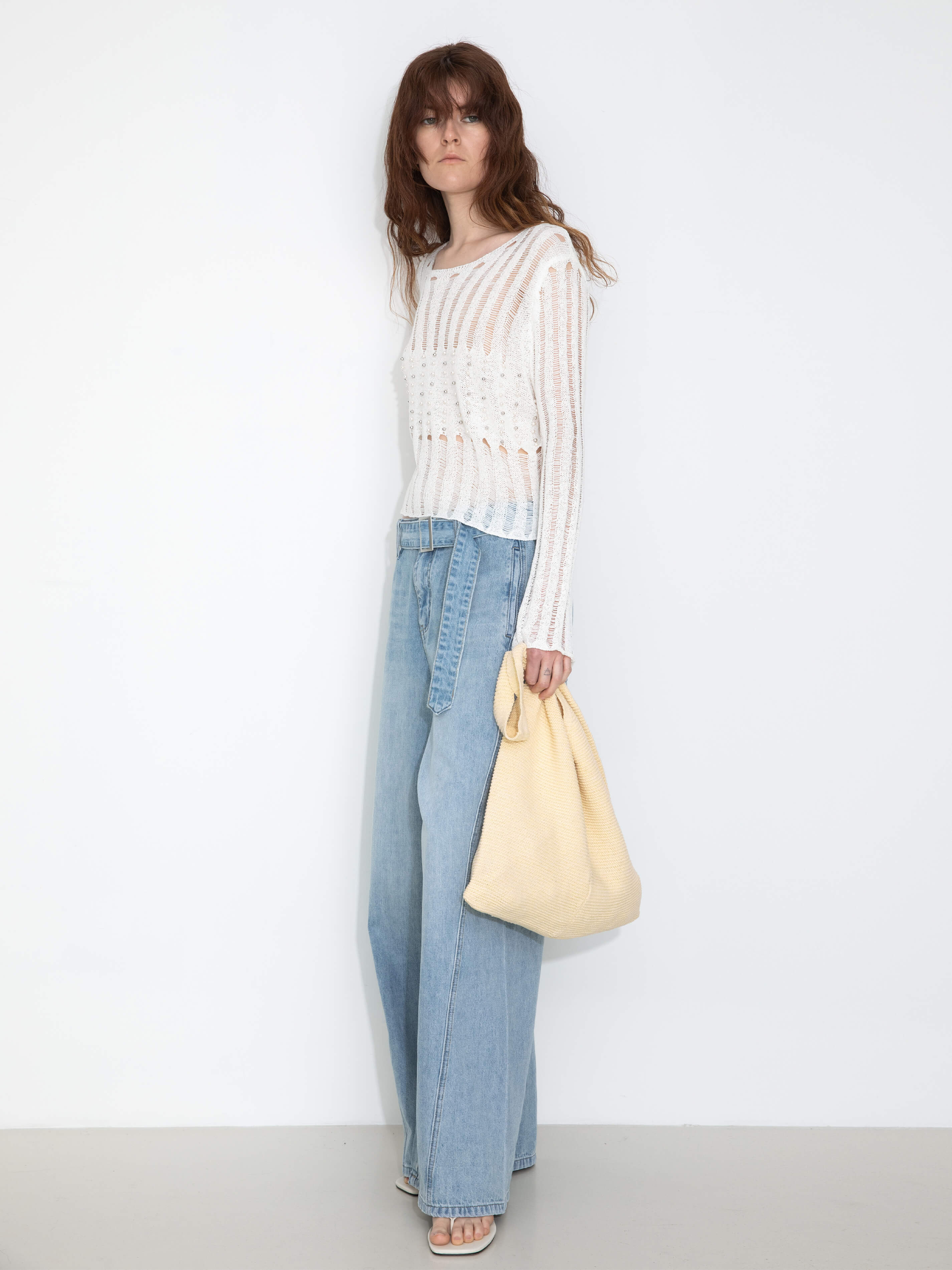 Beaded Hollow-Out Knit Top with Flare Sleeves-8