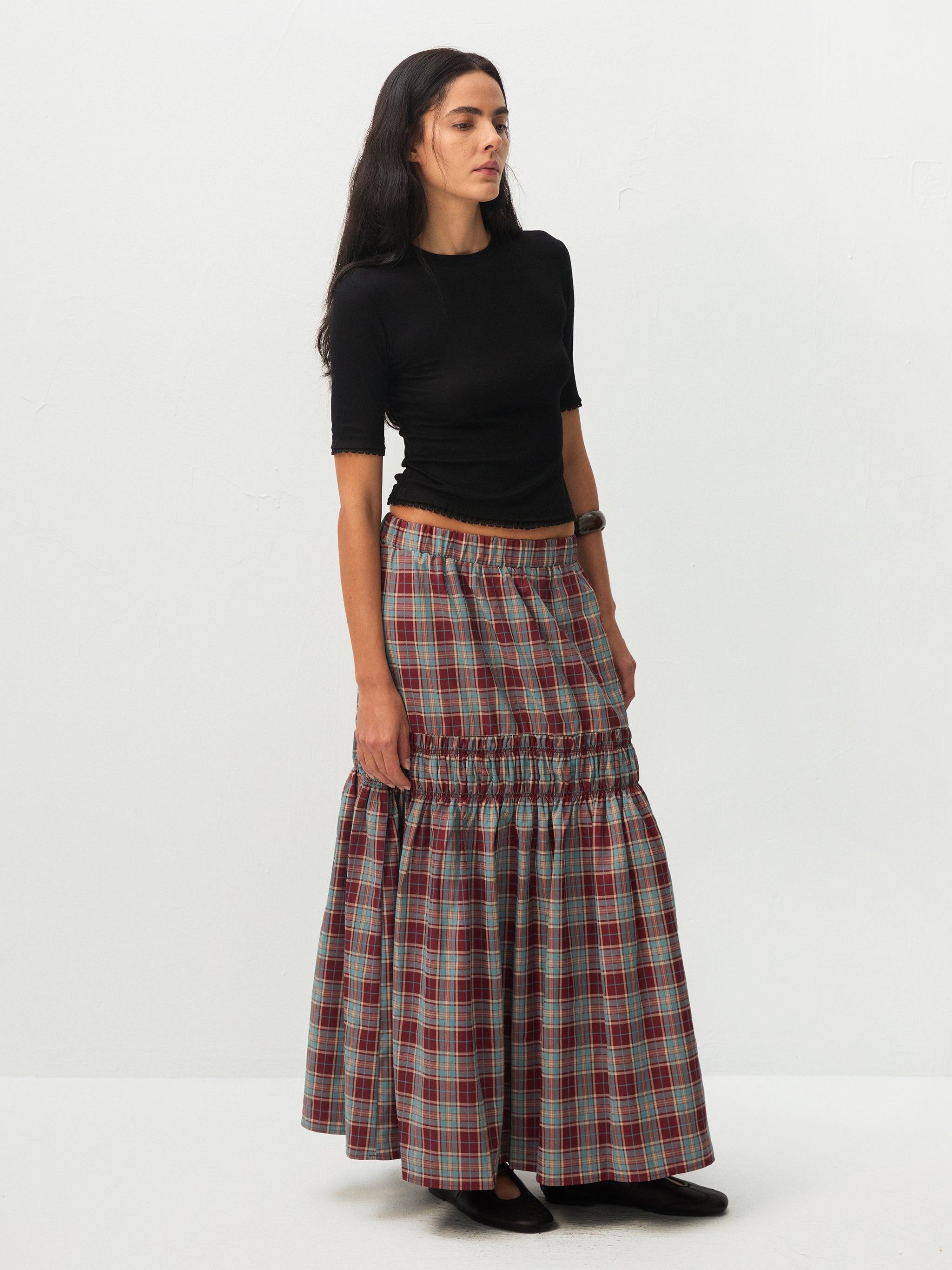 Elastic Drawstring High Waist Checked Skirt-13