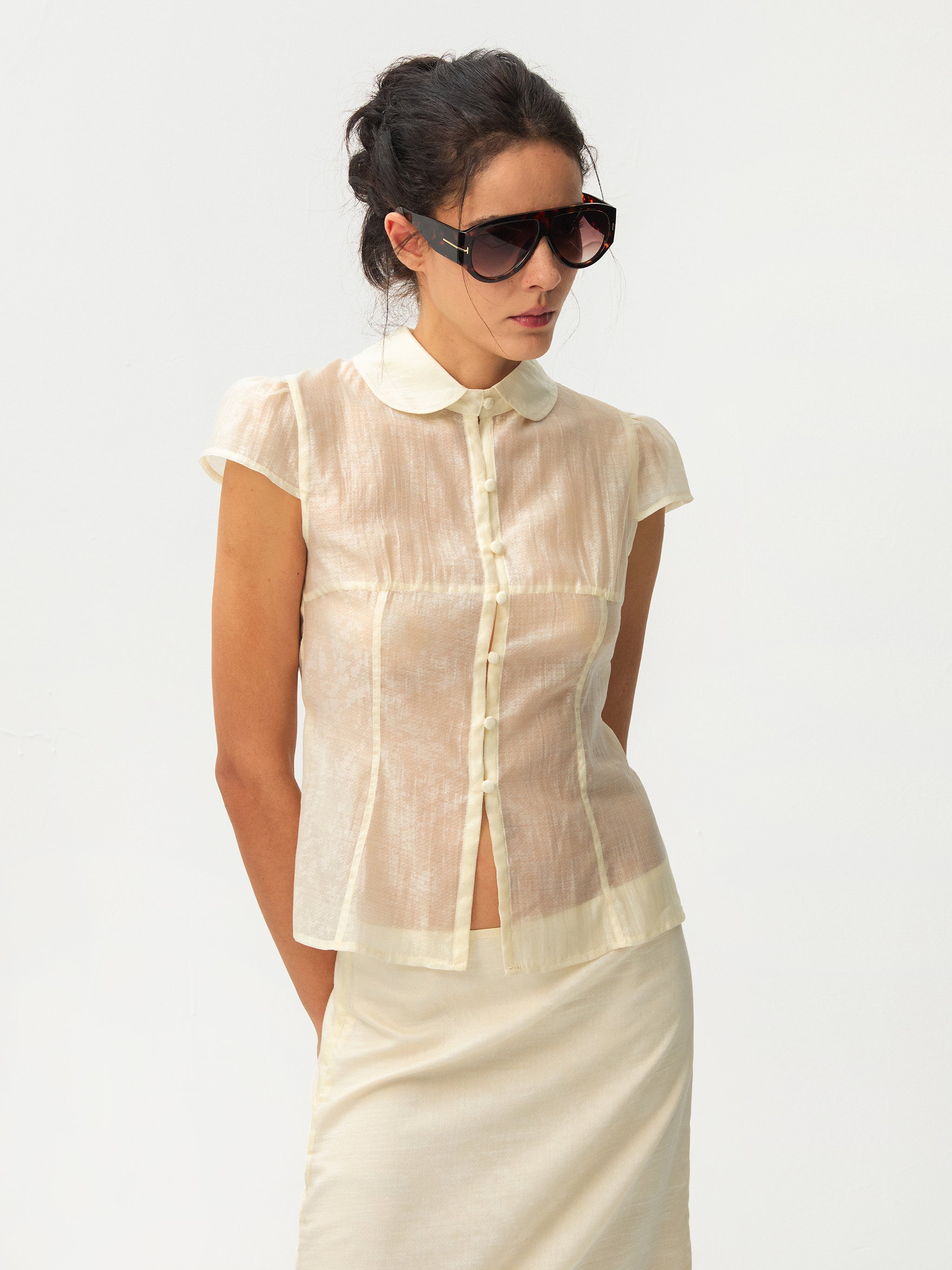 CUBIC Lyocell Semi-Sheer Fitted Blouse-11