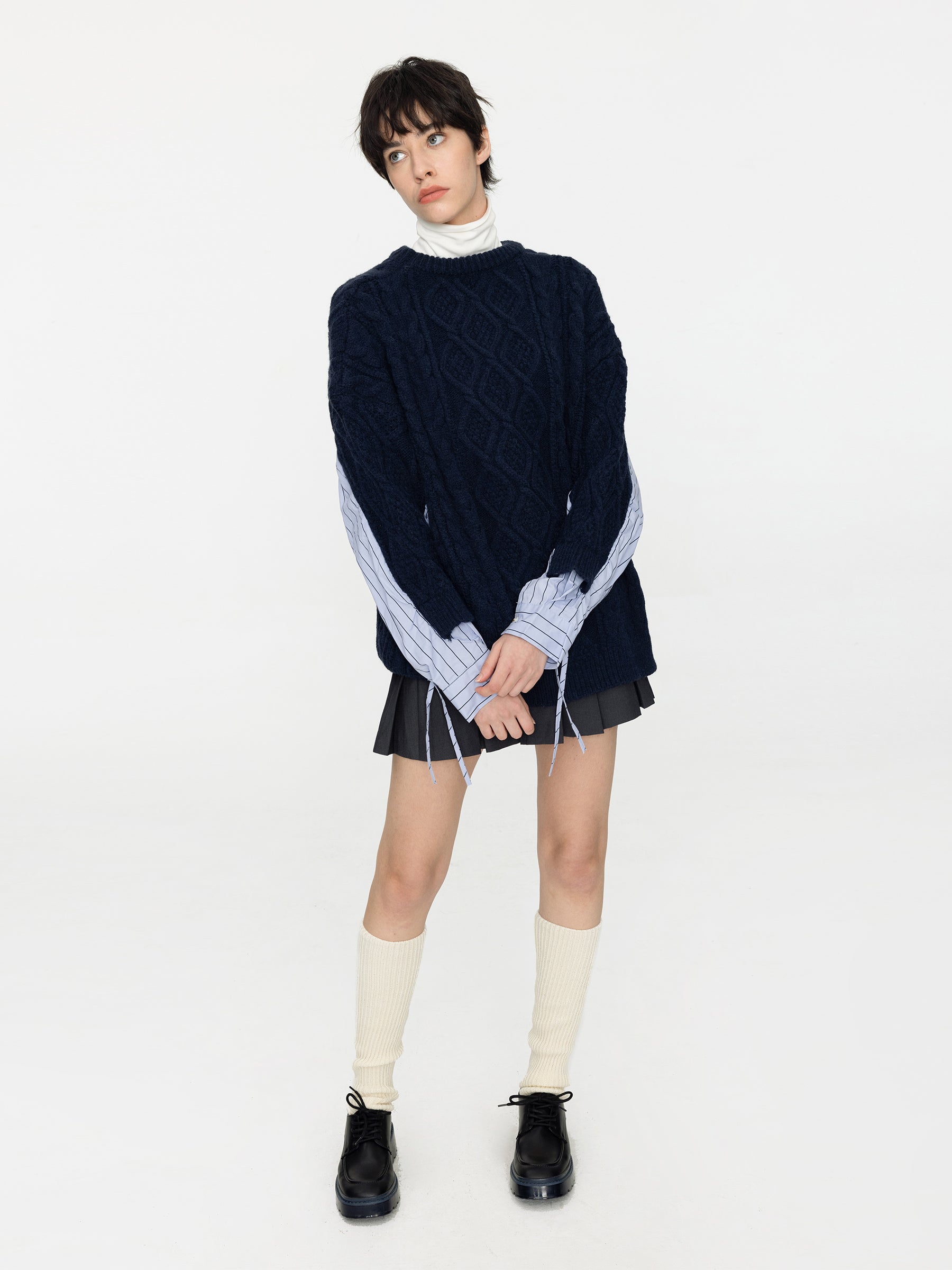 Cable Knit Jumper With Shirting Sleeves-14