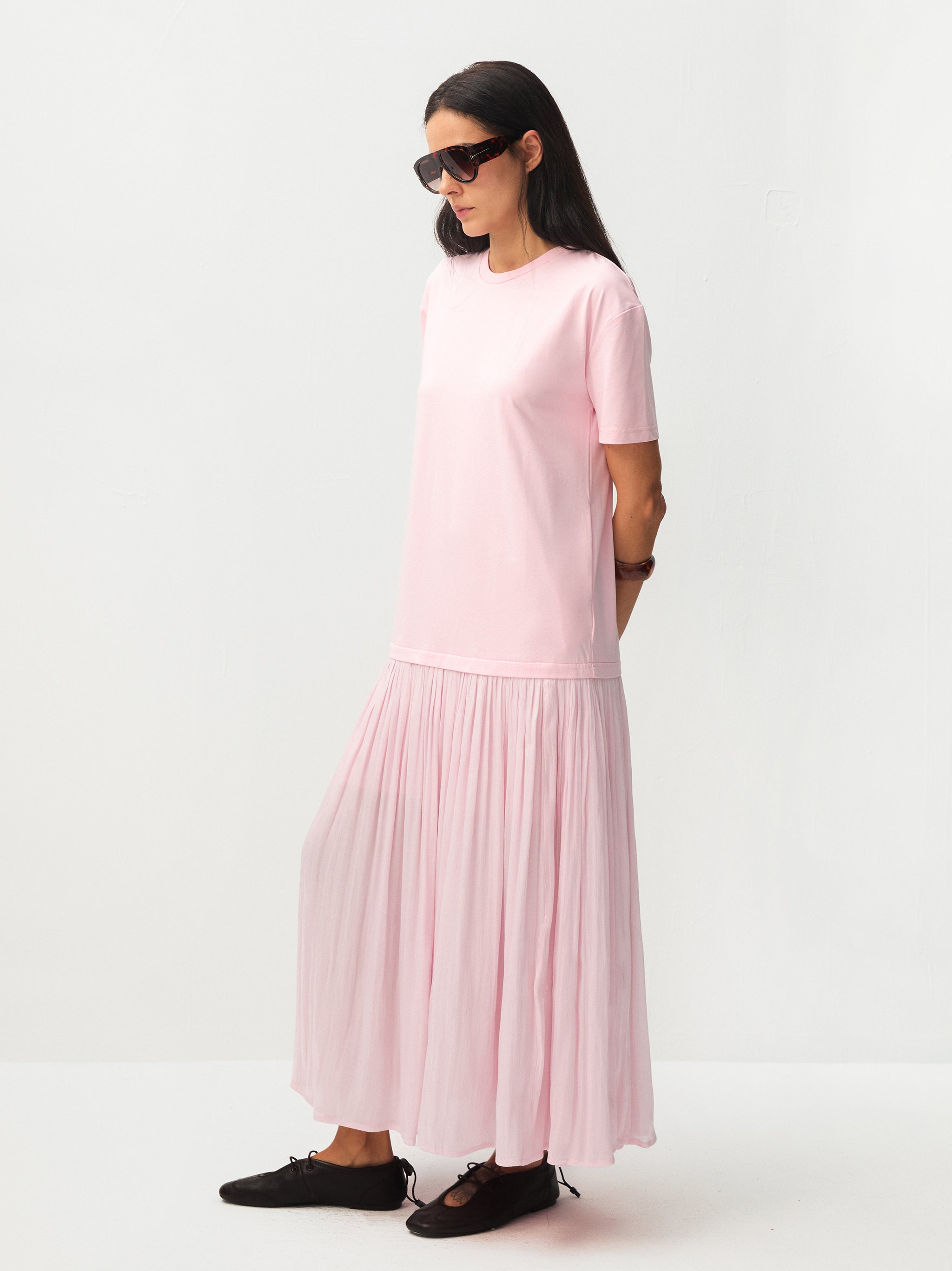 Oversized Round Neck Short Sleeve Pleated Dress-11