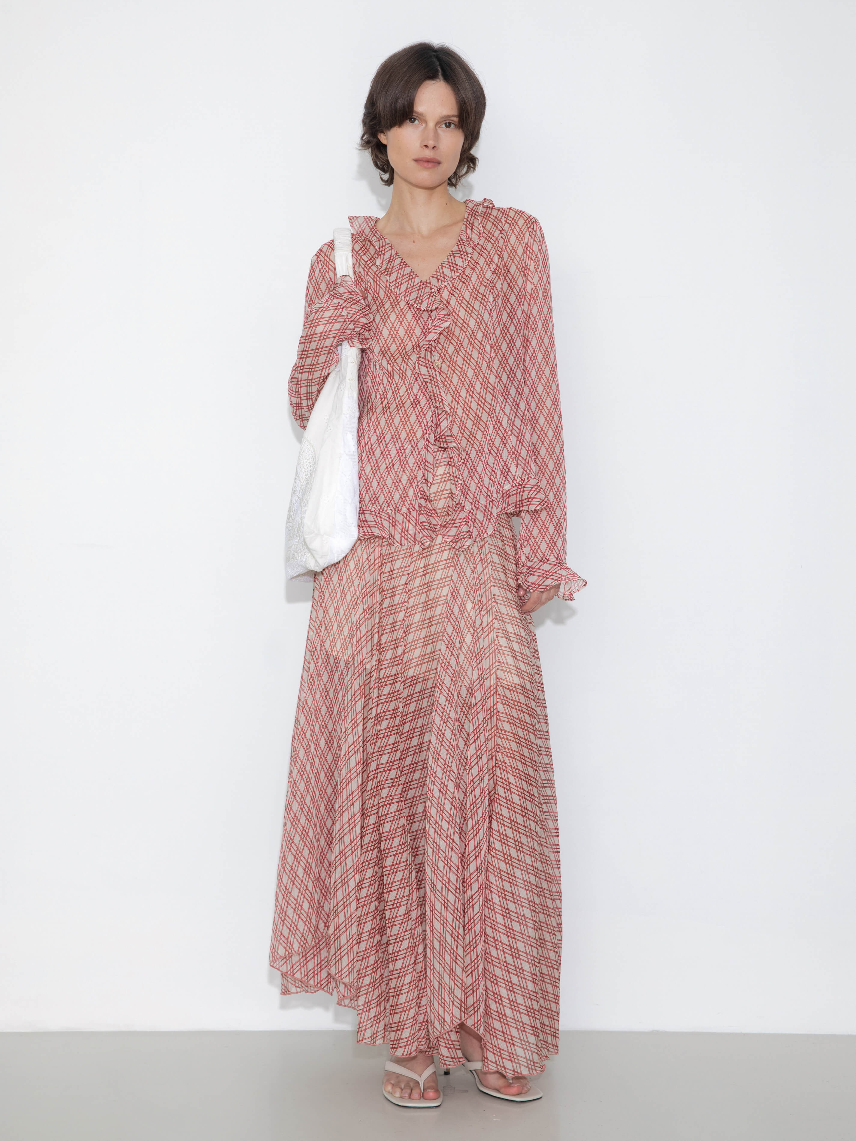 Semi-Sheer Ruffle Trim Check Shirt-14