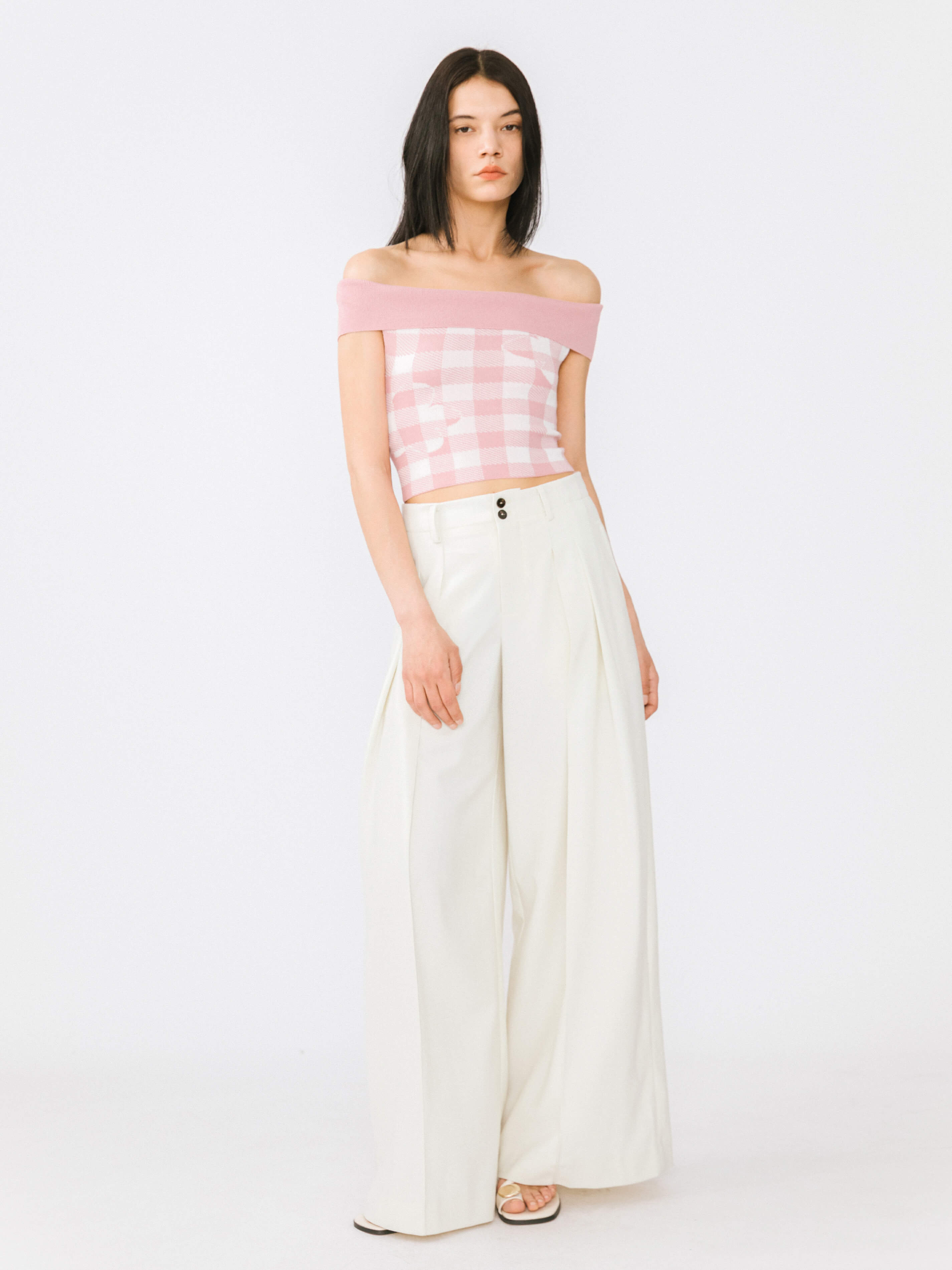 Off-Shoulder Checkered Knit Cami Top-12