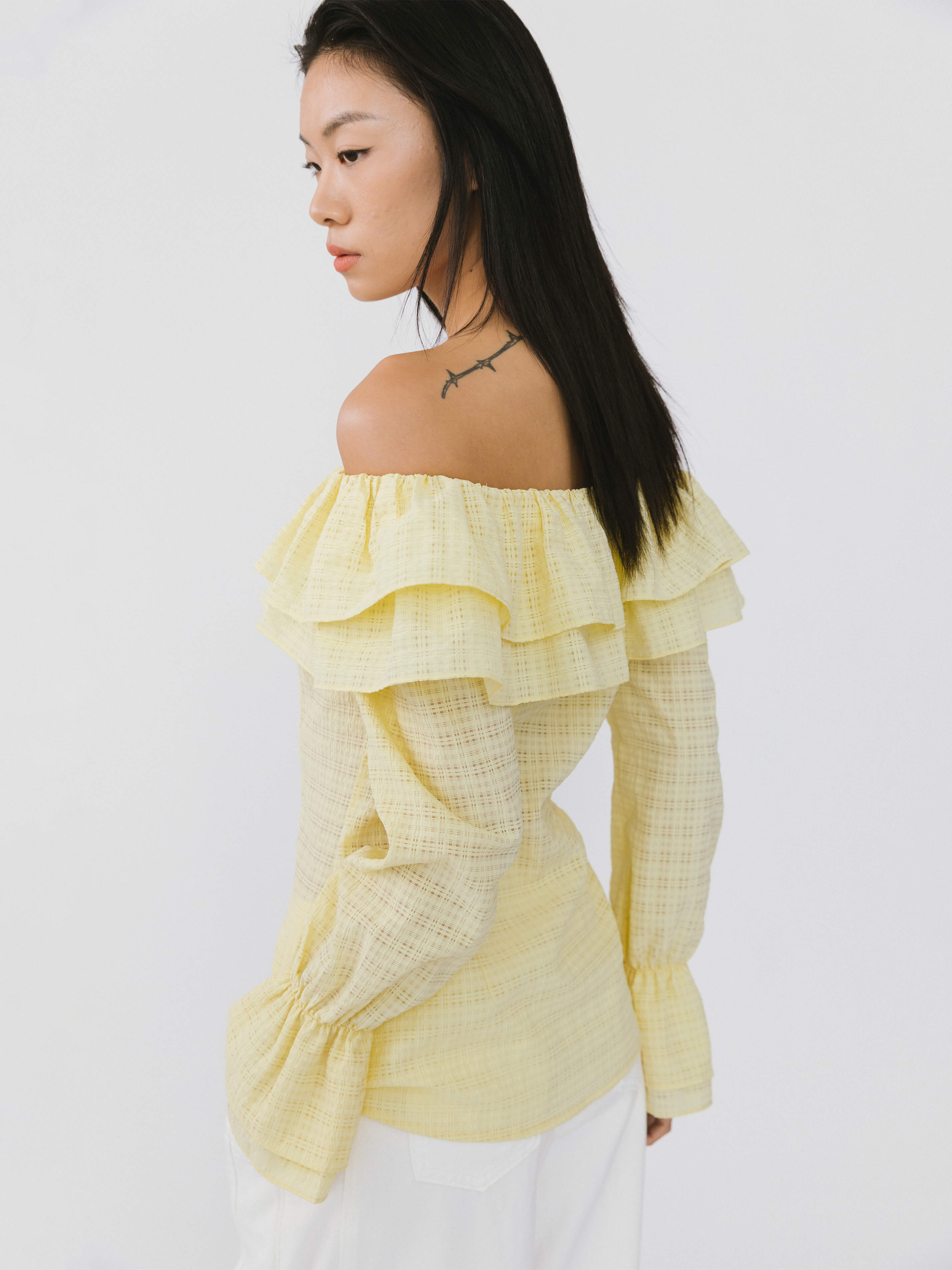 Frills Volume Off Neckline Shirt-11