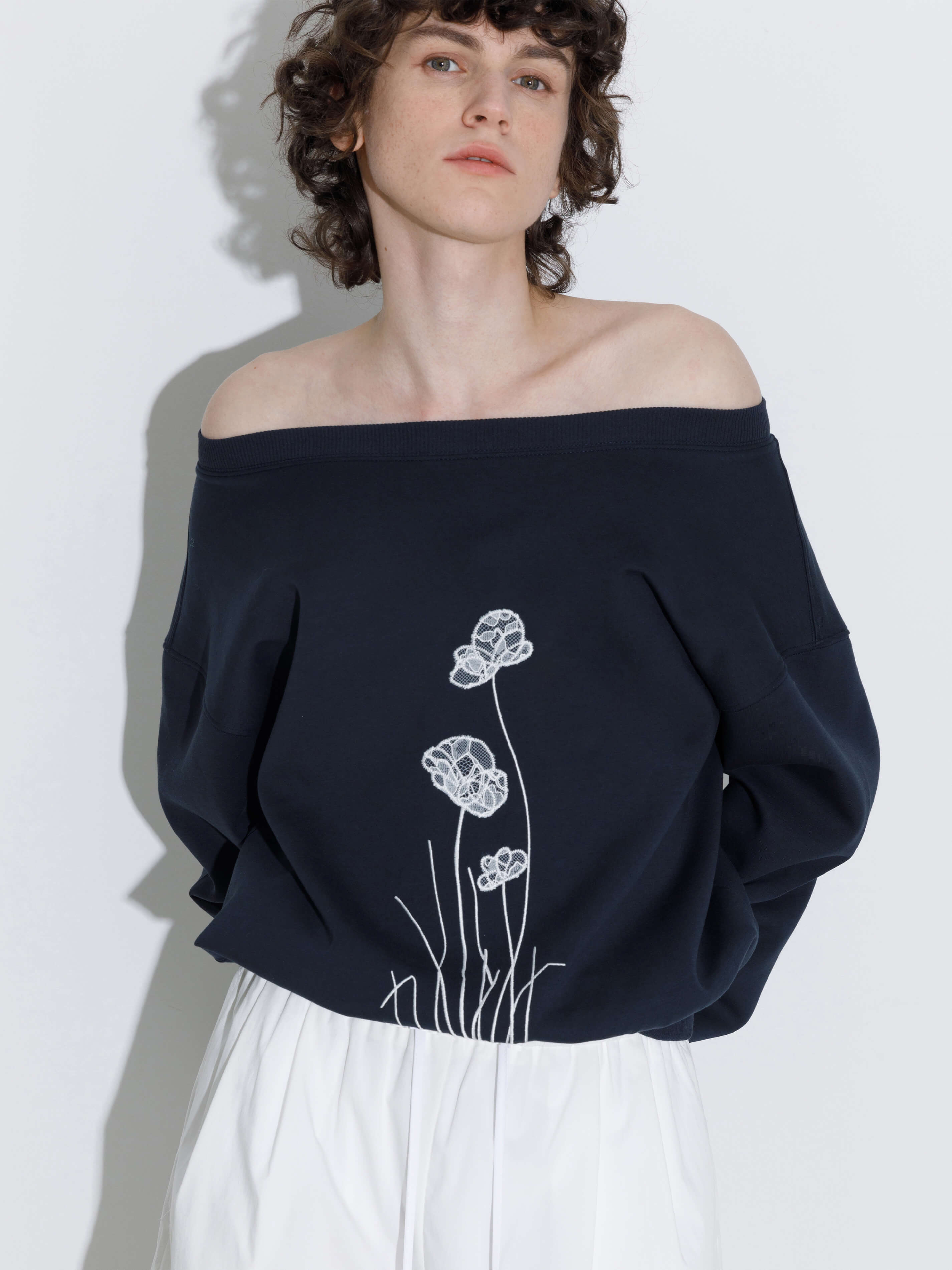 Lace Print Oversized Sweatshirt with Wide Neckline-7