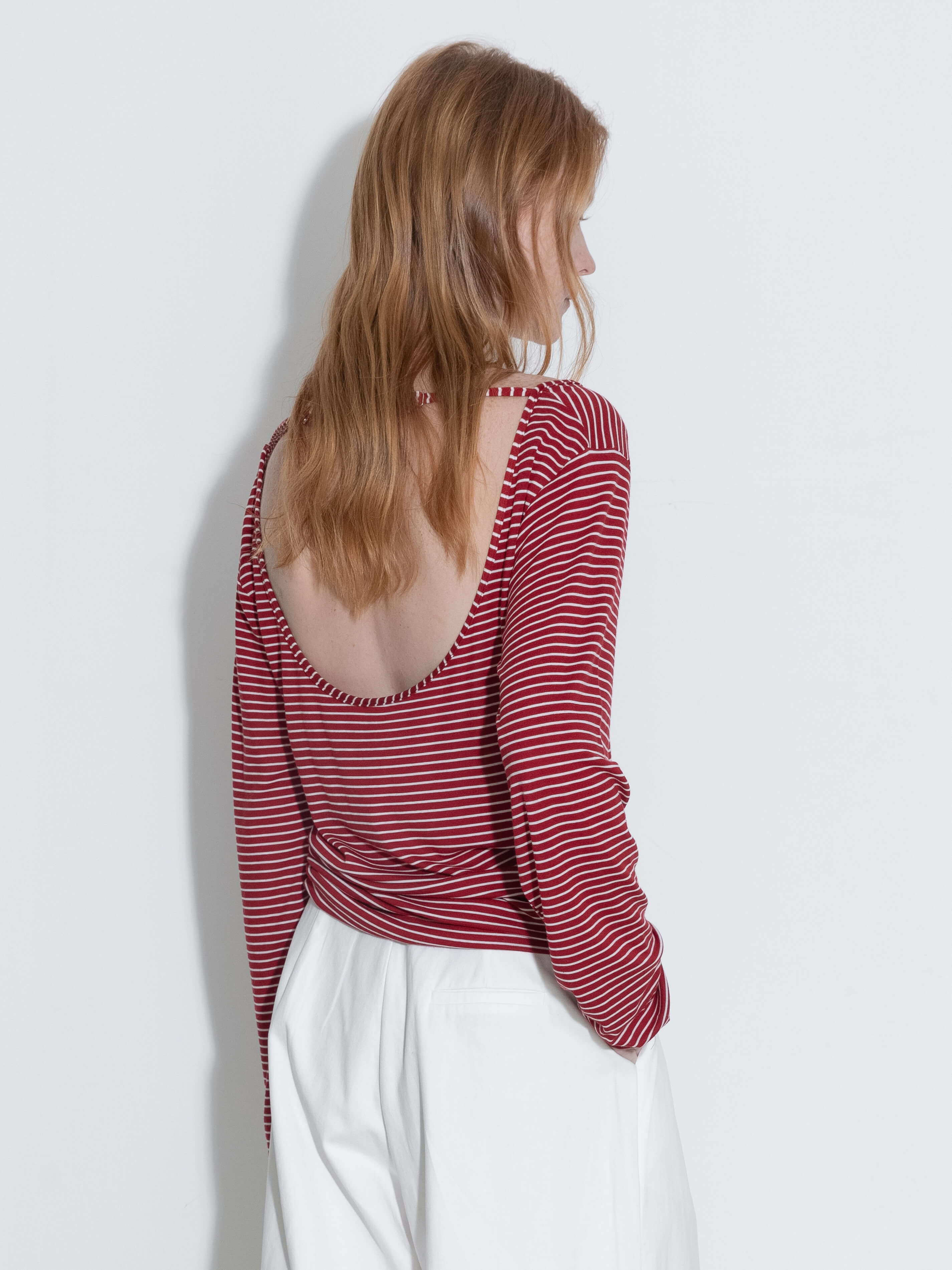 Adjustable Collar Oversized Stripe Long Sleeve Top-7