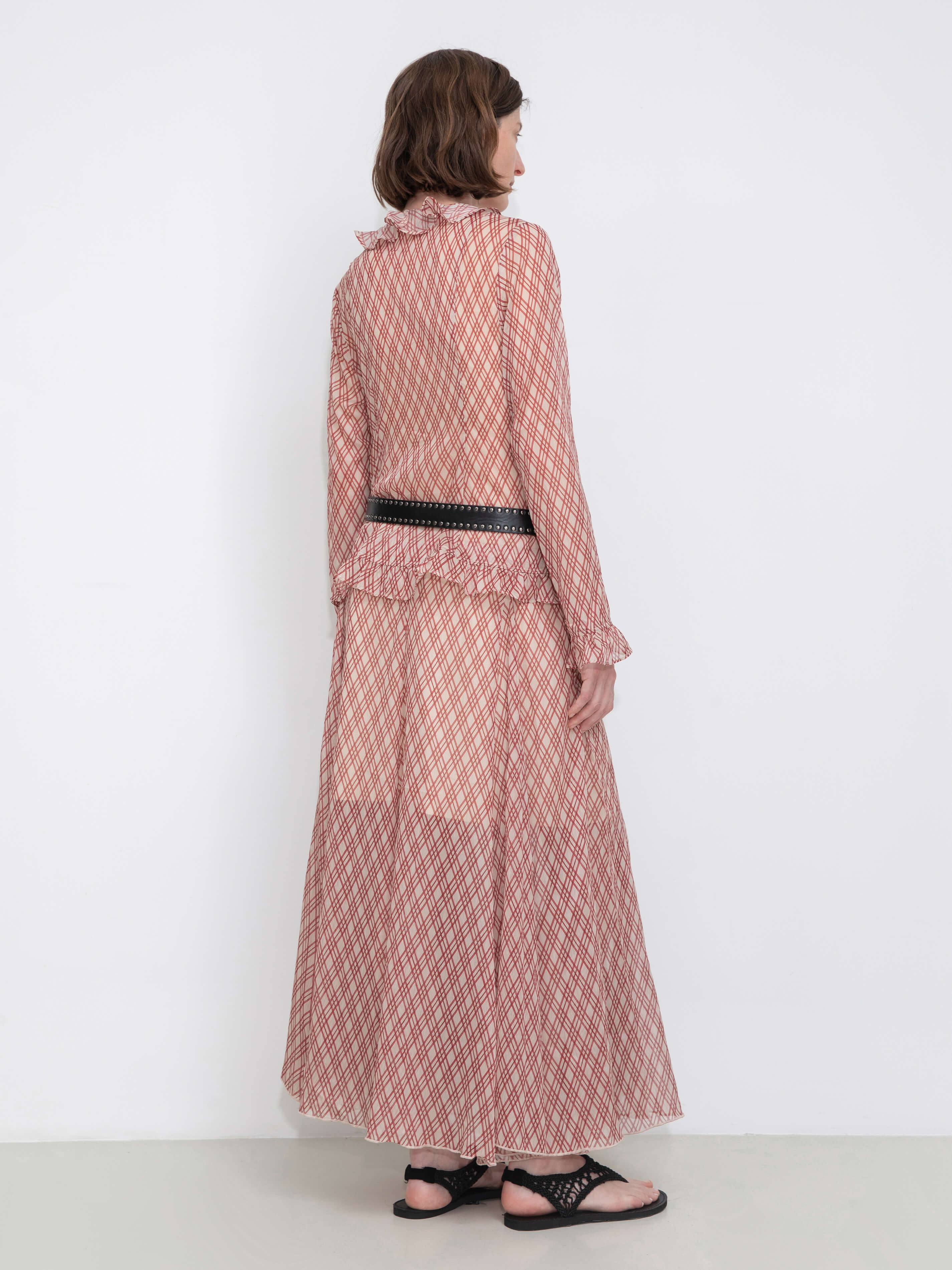 Asymmetrical Flowy Check Maxi Skirt-Red-6