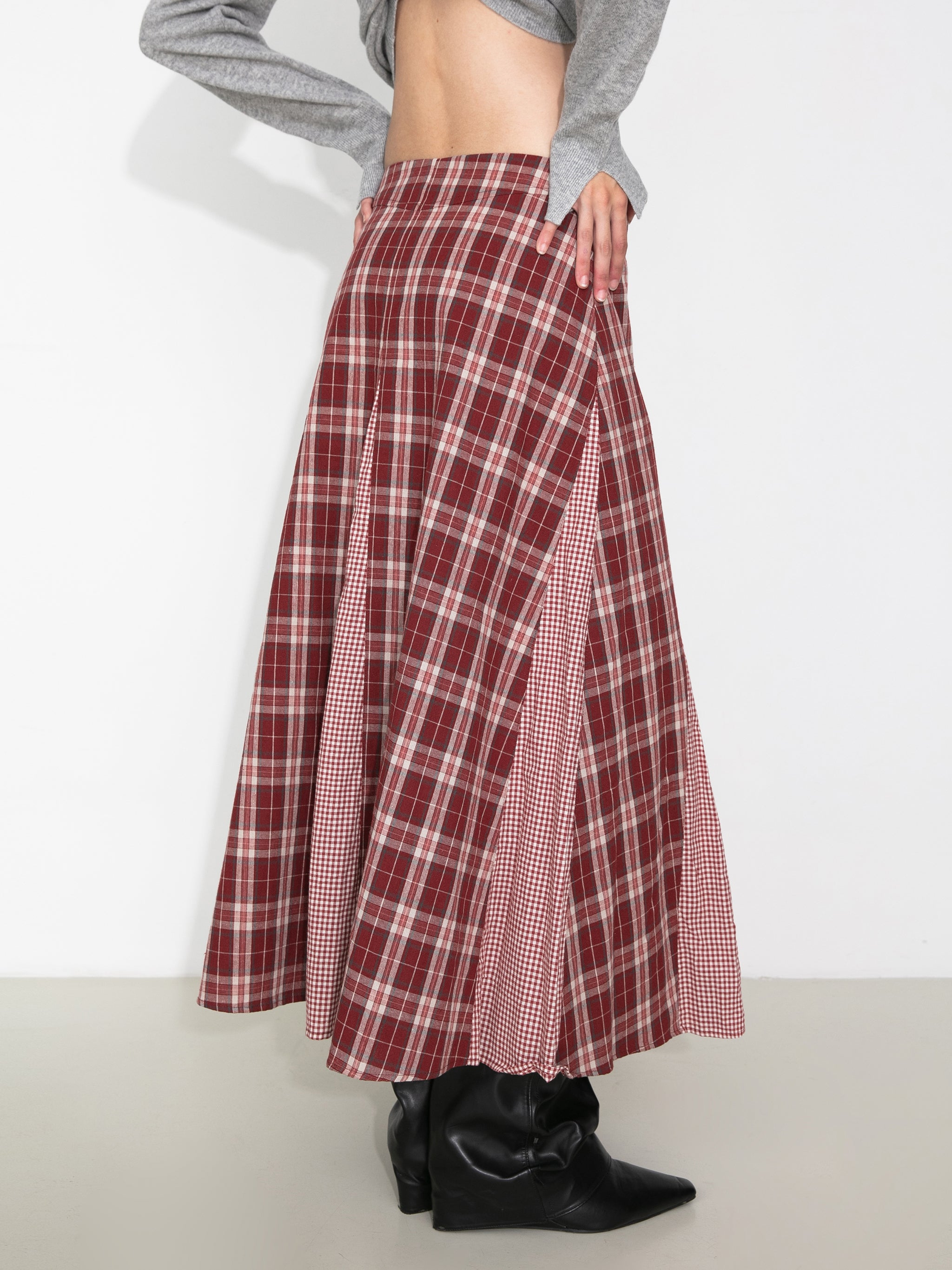 100% Cotton Patchwork Check A-Line Maxi Skirt-12