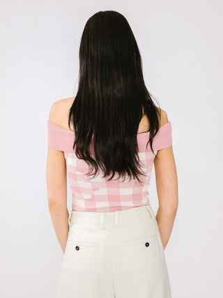 Off-Shoulder Checkered Knit Cami Top