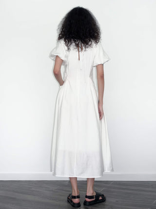 V-neck Pleated Puff Sleeve Dress