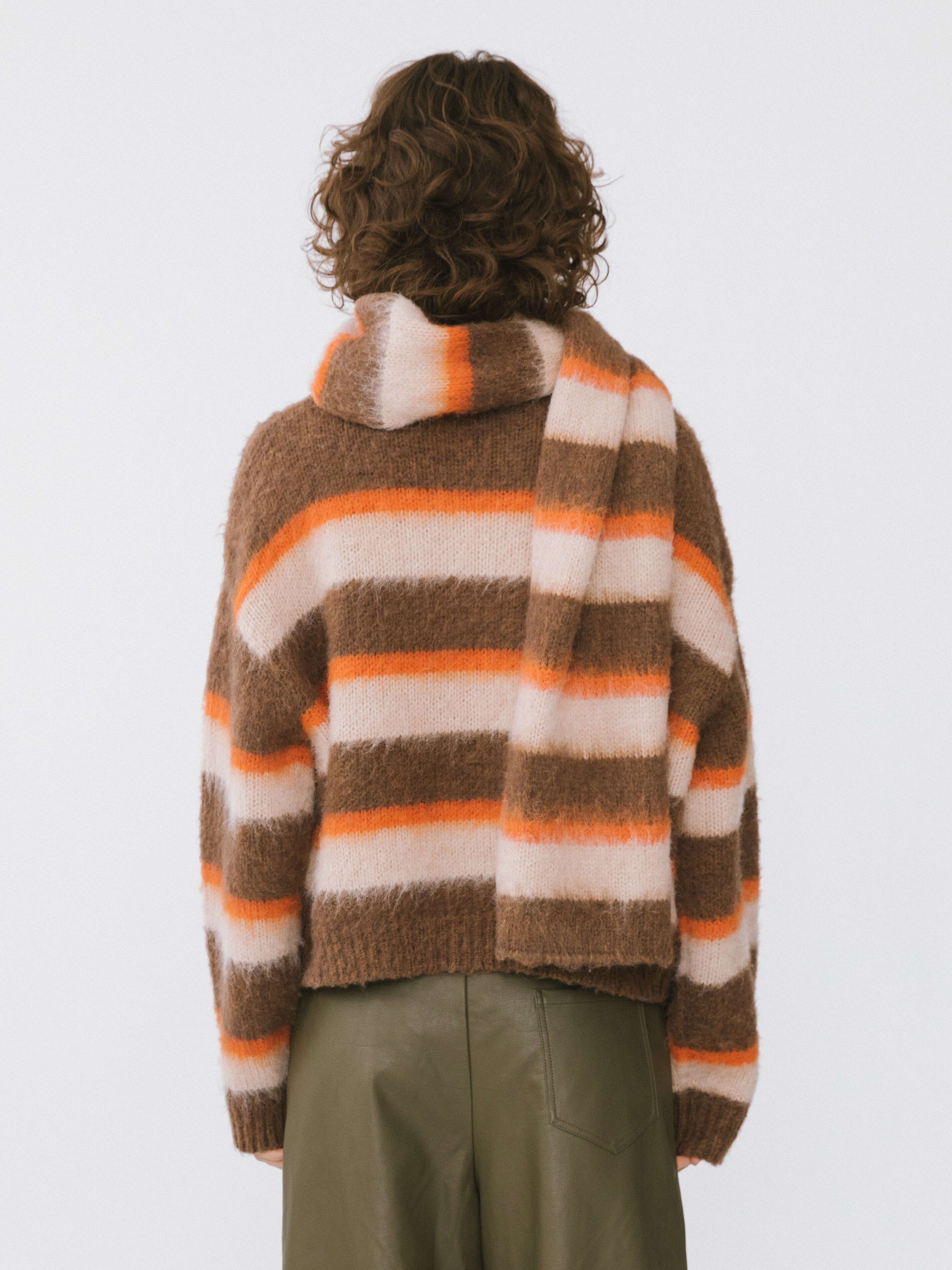 Striped Color Block Wool Knit Cardigan With Scarf-13