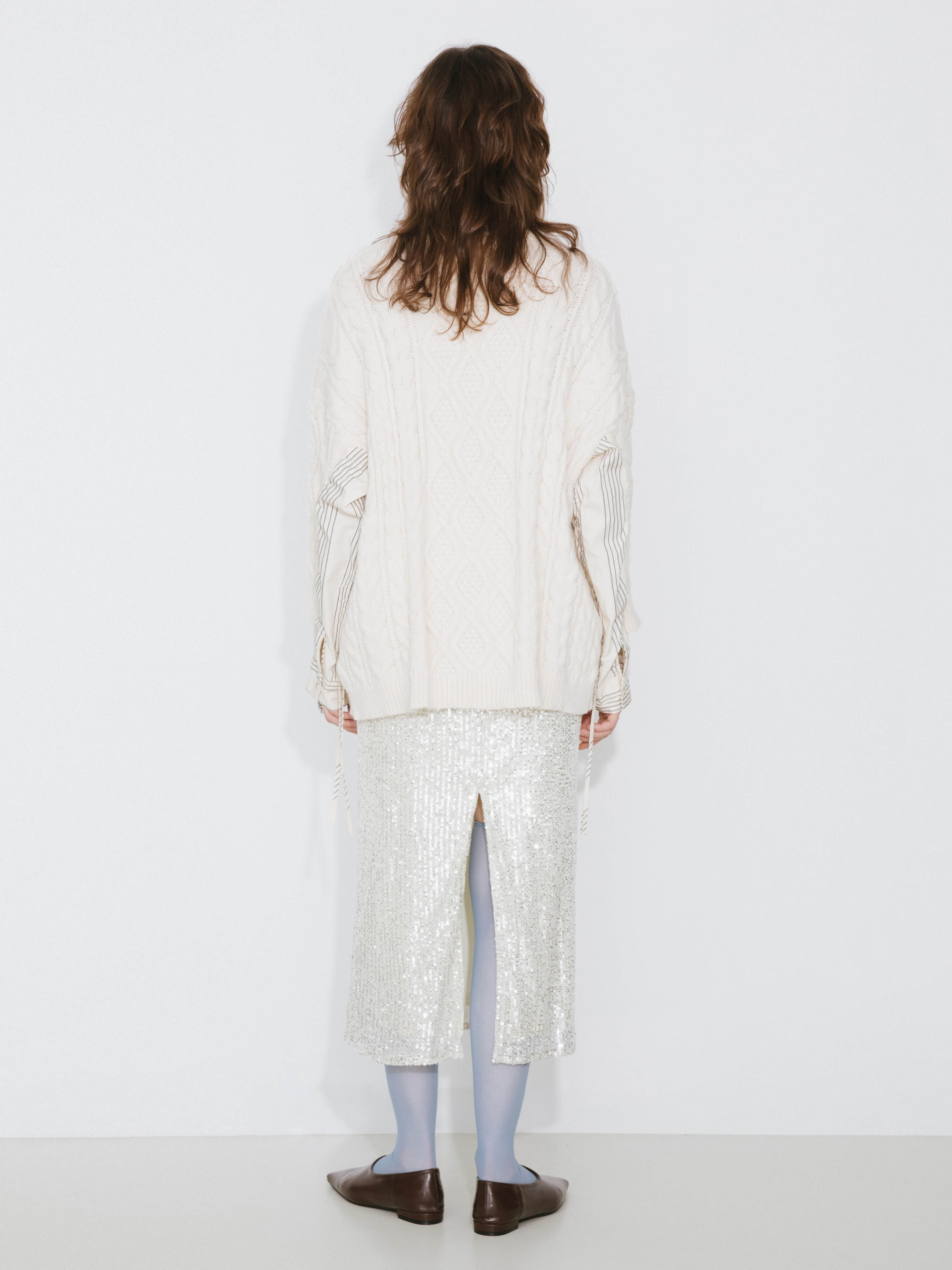 Cable Knit Jumper With Shirting Sleeves-15