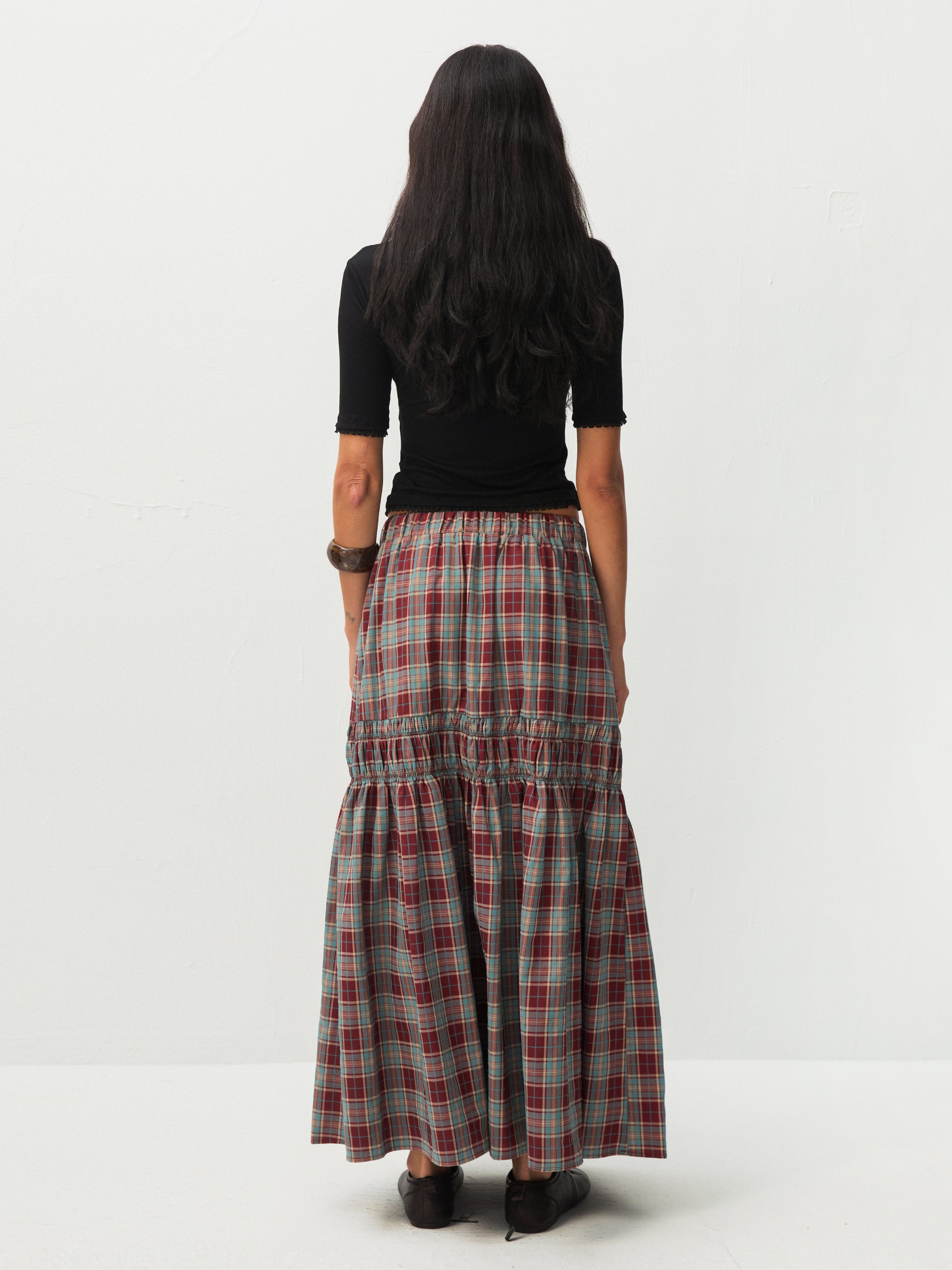 Elastic Drawstring High Waist Checked Skirt-14