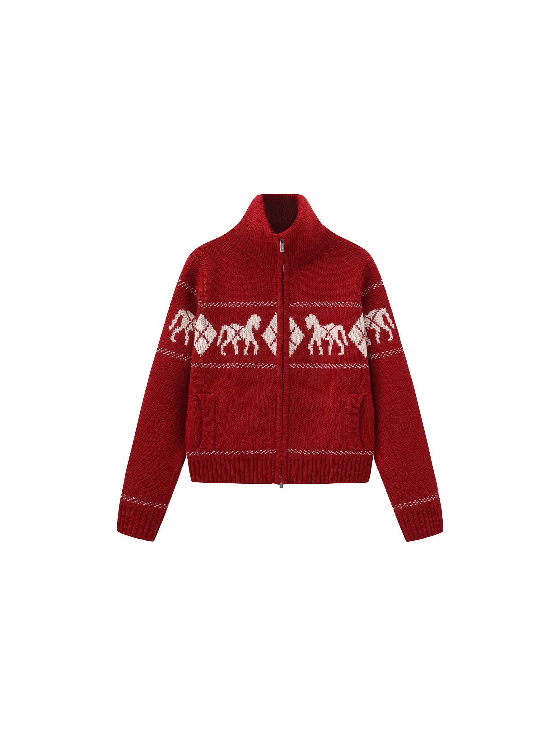 Horse Pattern Diamond Zip-Up Knit Cardigan-12