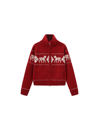 Horse Pattern Diamond Zip-Up Knit Cardigan