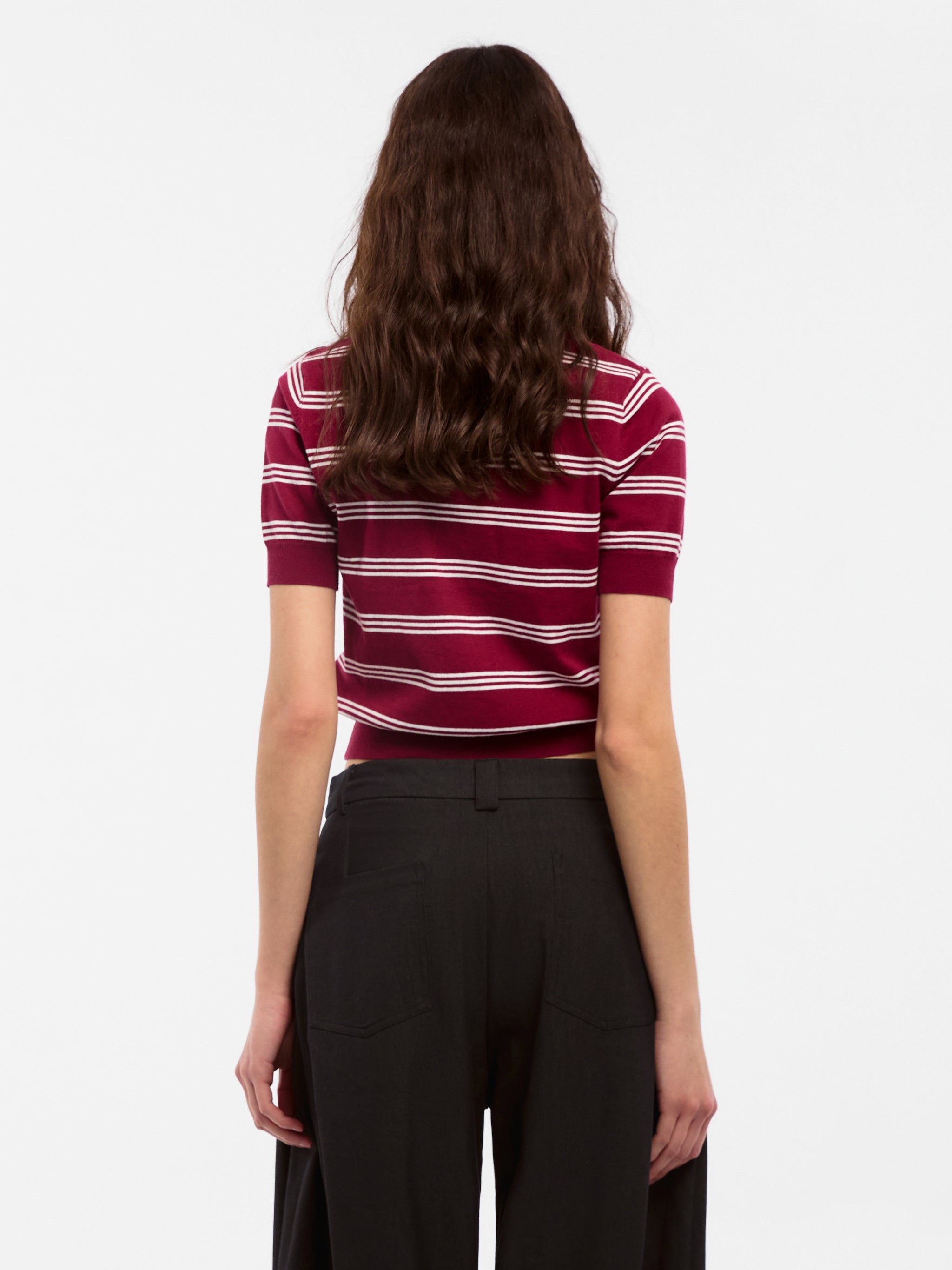 CUBIC-Striped Cropped Polo Collar Cotton T-Shirt-12