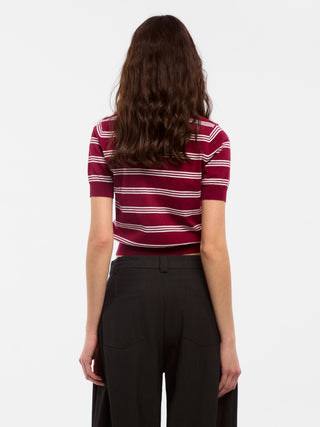 CUBIC-Striped Cropped Polo Collar Cotton T-Shirt