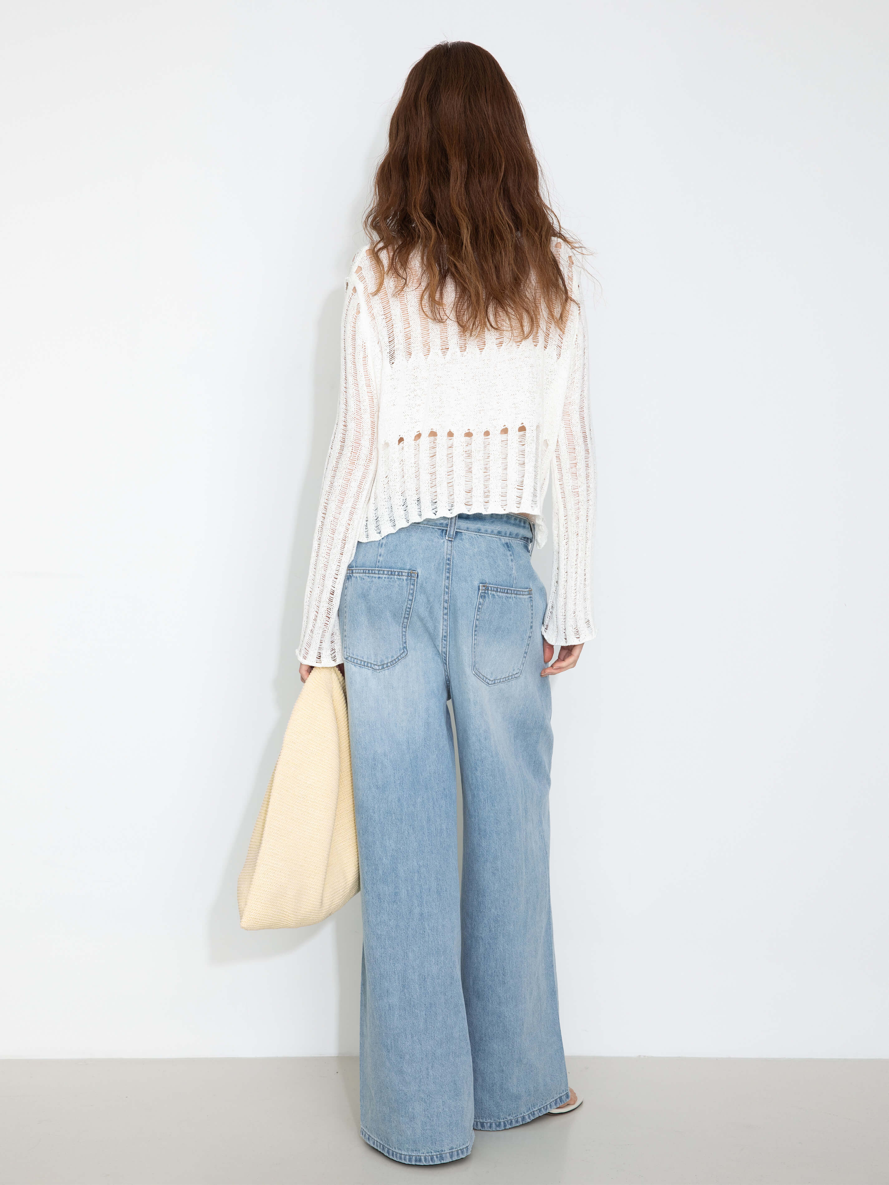 Beaded Hollow-Out Knit Top with Flare Sleeves-9
