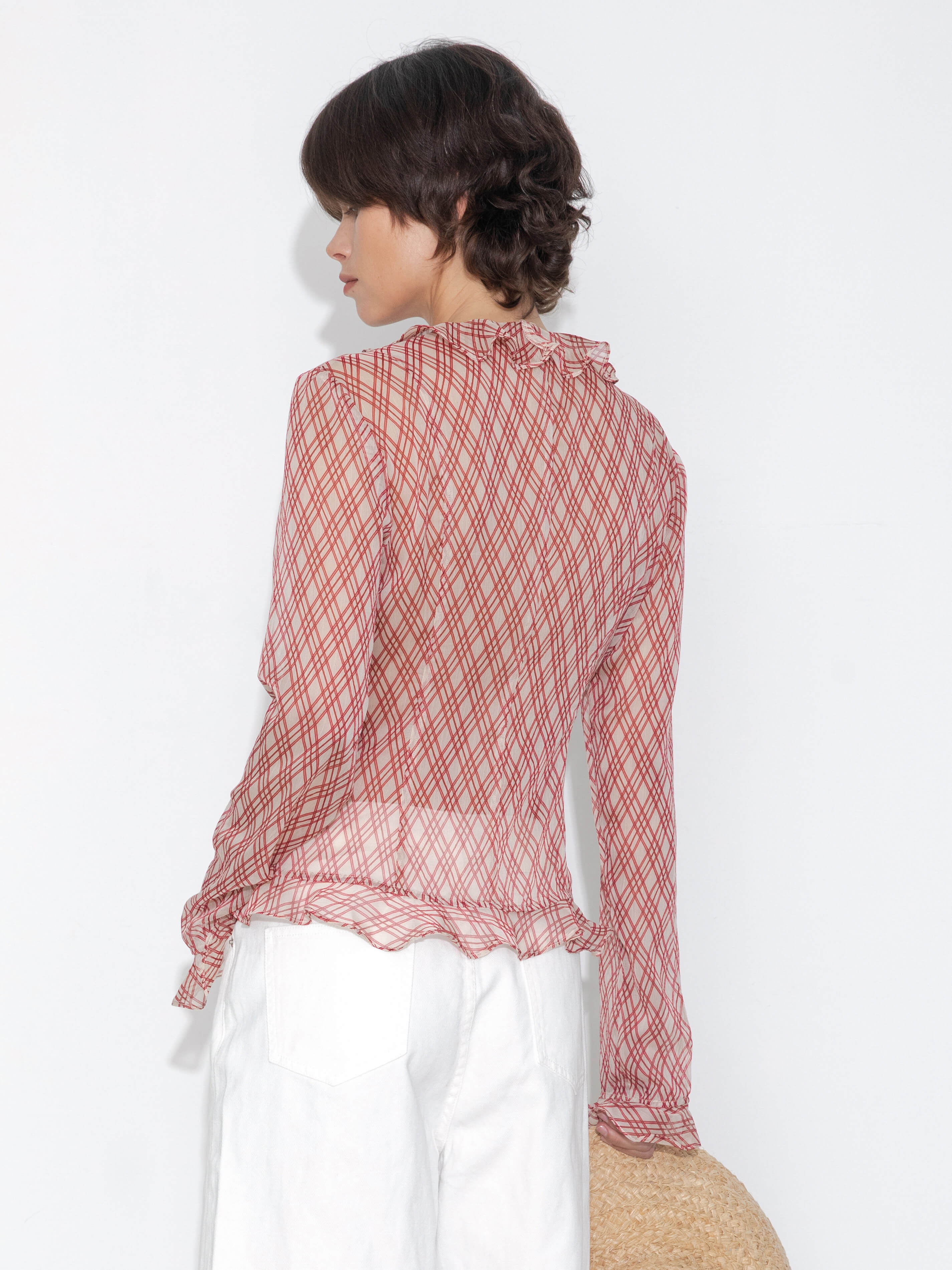 Semi-Sheer Ruffle Trim Check Shirt-15