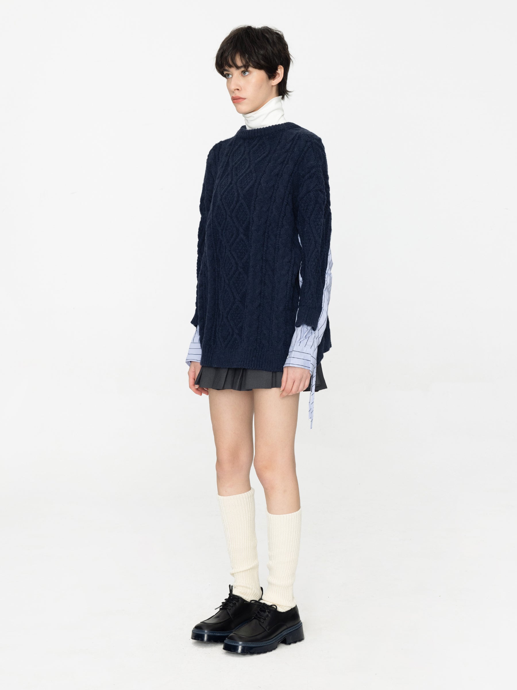 Cable Knit Jumper With Shirting Sleeves-16