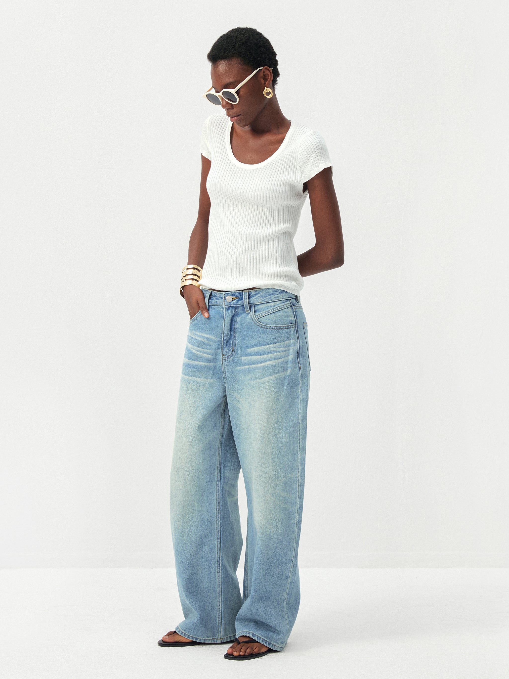 CUBIC Wool-Blend Ribbed Scoop Neck Knit Top-12