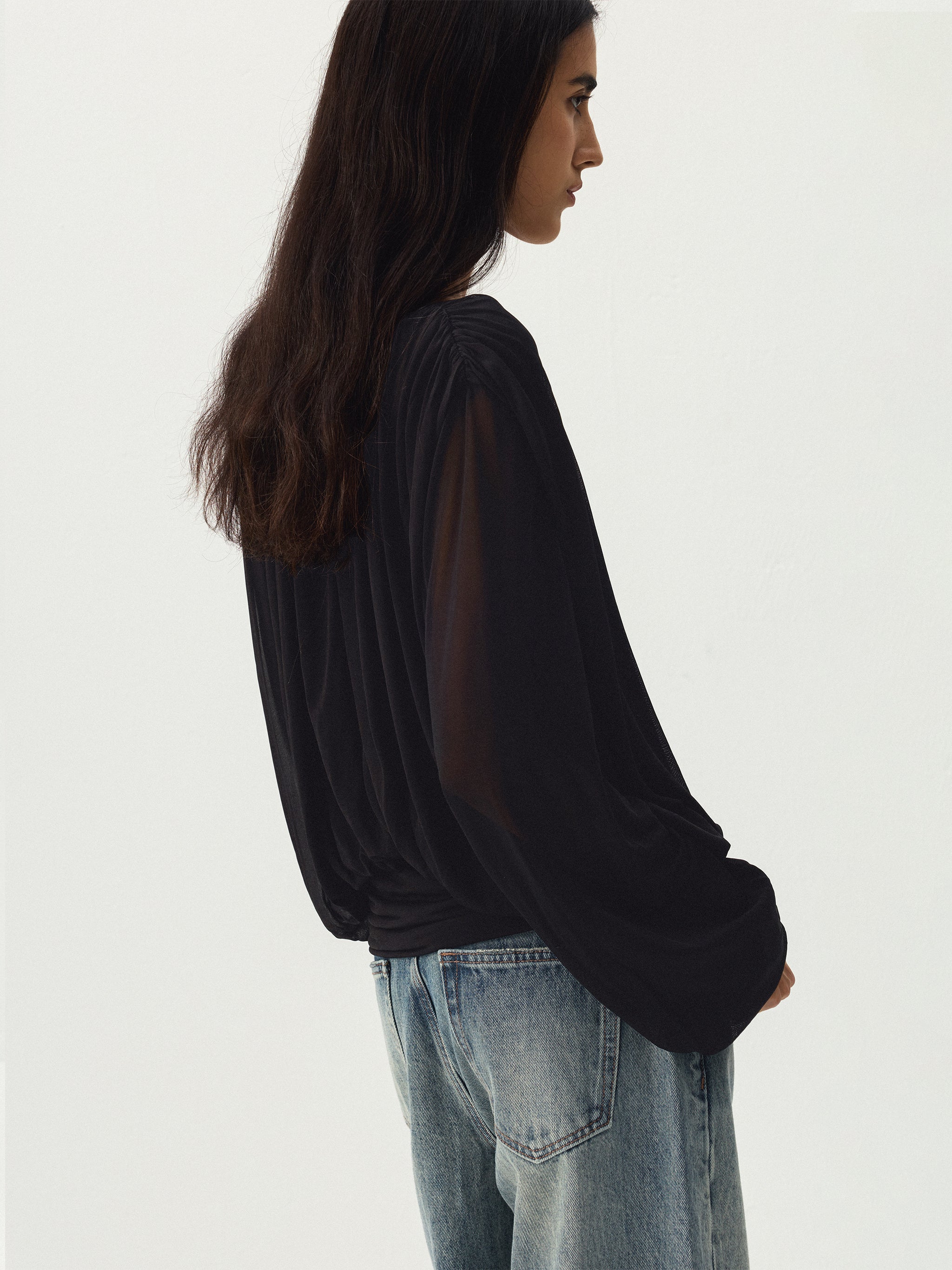 CUBIC Tie Neck Batwing Blouse-12