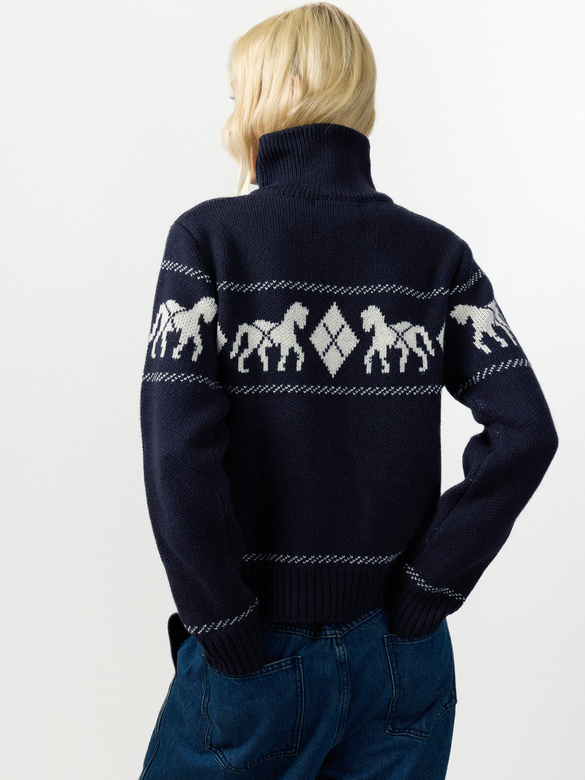 Horse Pattern Diamond Zip-Up Knit Cardigan-12