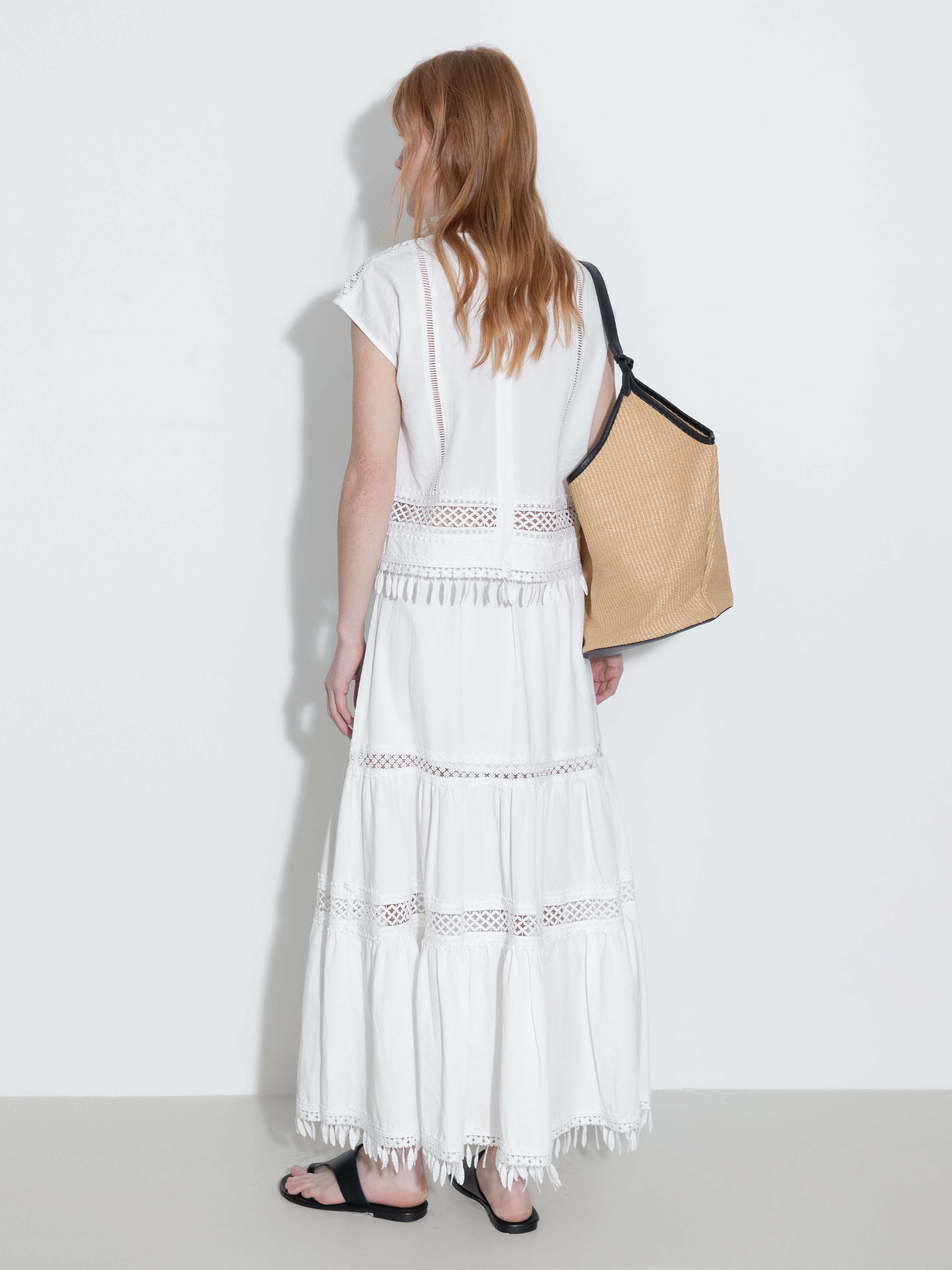 High-Waisted Hollow Out Tassel Trim Maxi Skirt-13