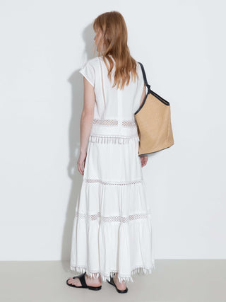 High-Waisted Hollow Out Tassel Trim Maxi Skirt